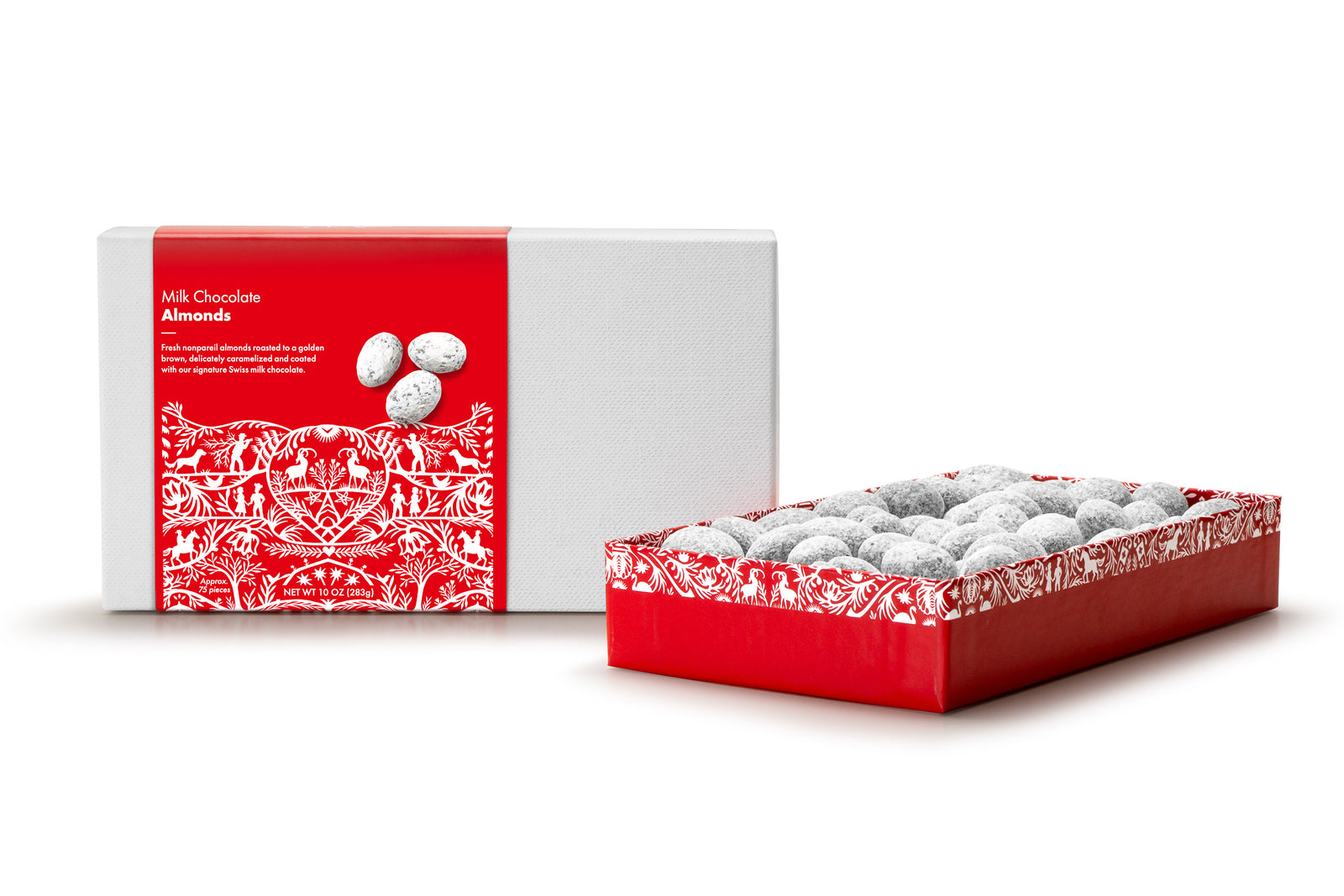 Powdered sugar coated chocolate almonds in a clear bag with red and white Swiss patterned ribbon and red product label.