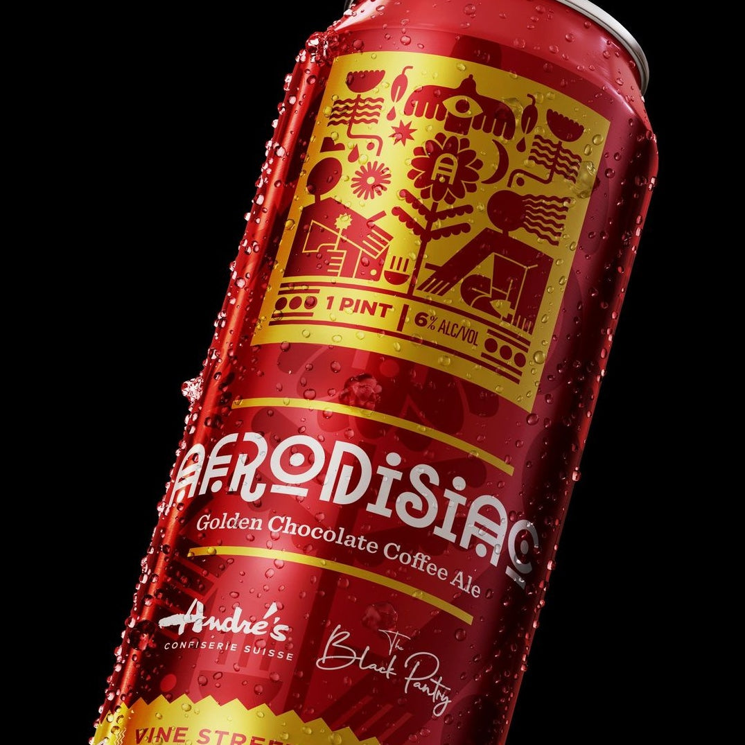 close up of a red can with gold and white product info and Afrodisiac themed artwork