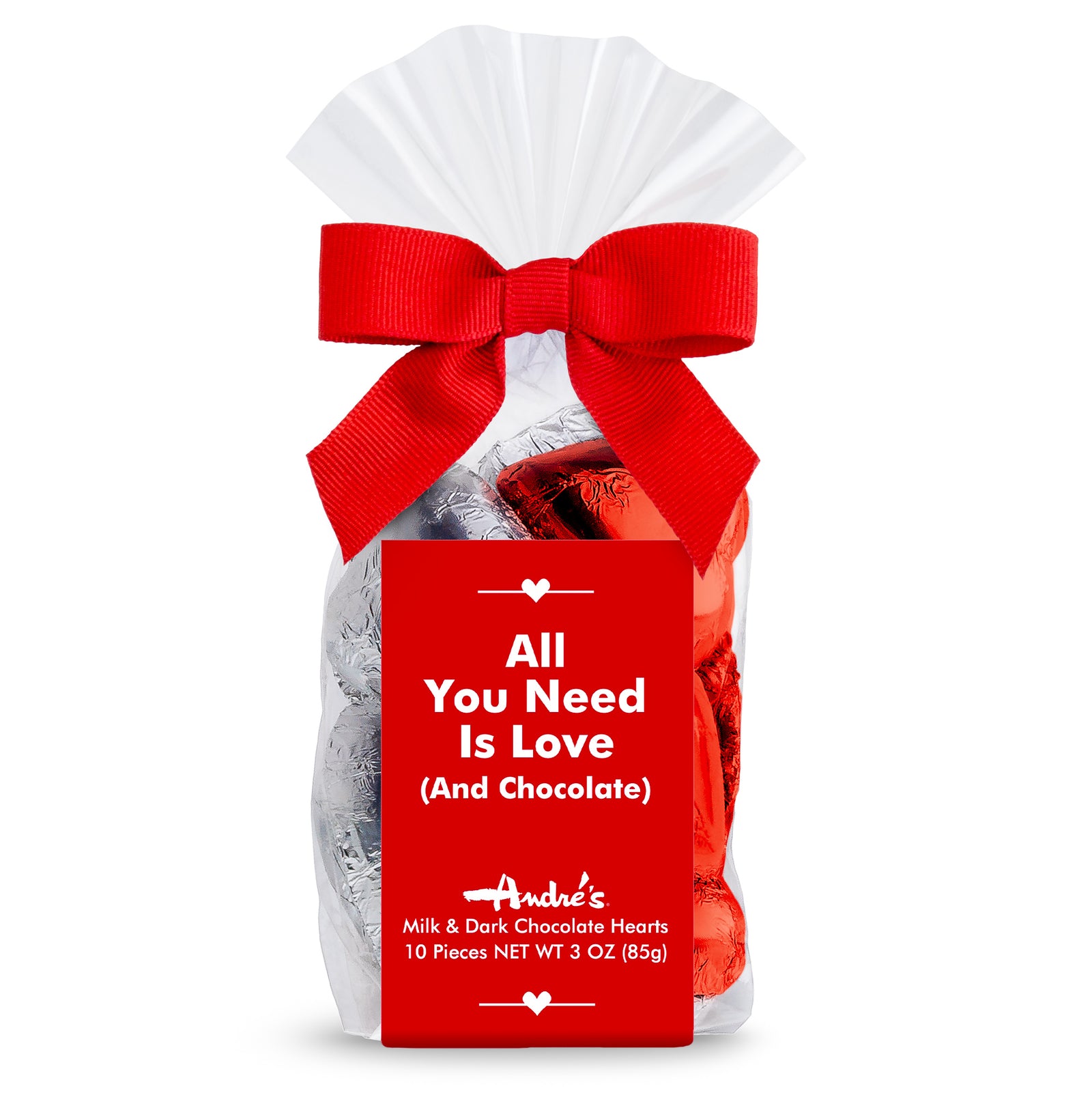 silver and red foil covered chocolate hearts in a clear bag with a red bow and red product label with "All You Need is Love (and chocolate)" above the logo