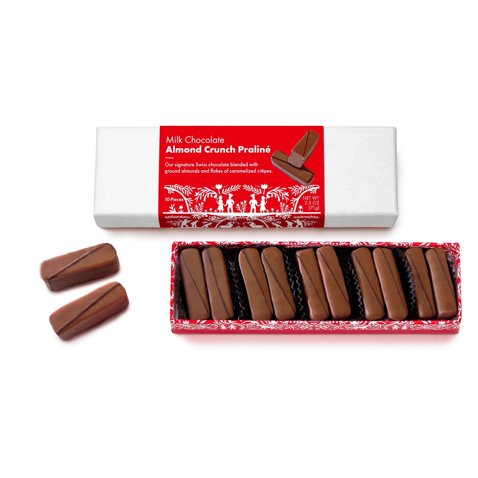 open red box base with 10 chocolate candies visible, milk chocolate covered, each with small dark chocolate stripe accent. 2 loose candies beside and closed white lid box above with red and white Swiss print packaging.