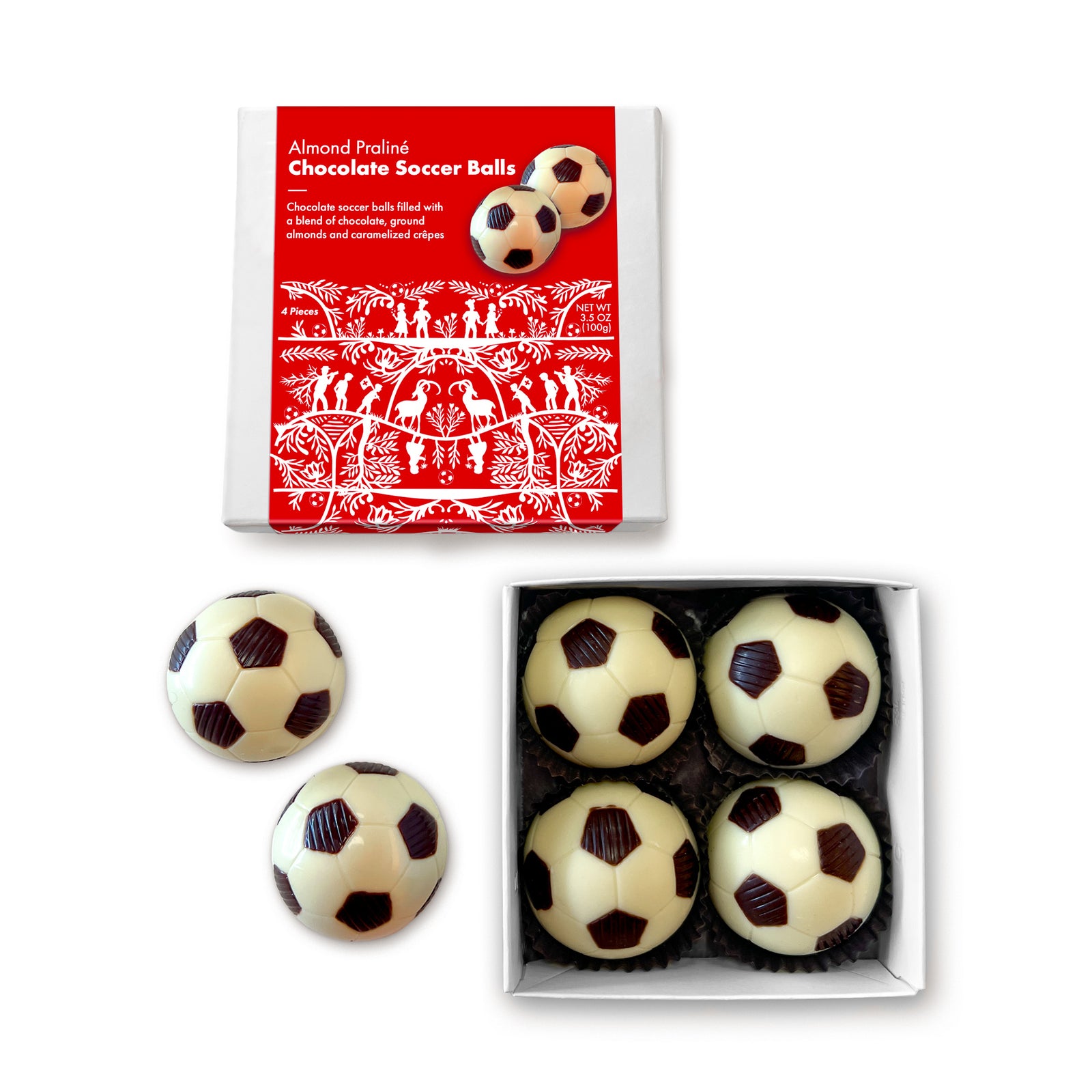 Chocolate soccer balls in a box with a red packaging box featuring illustrations.