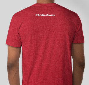 Red t-shirt with '@AndresSwiss' text on the back against a white background