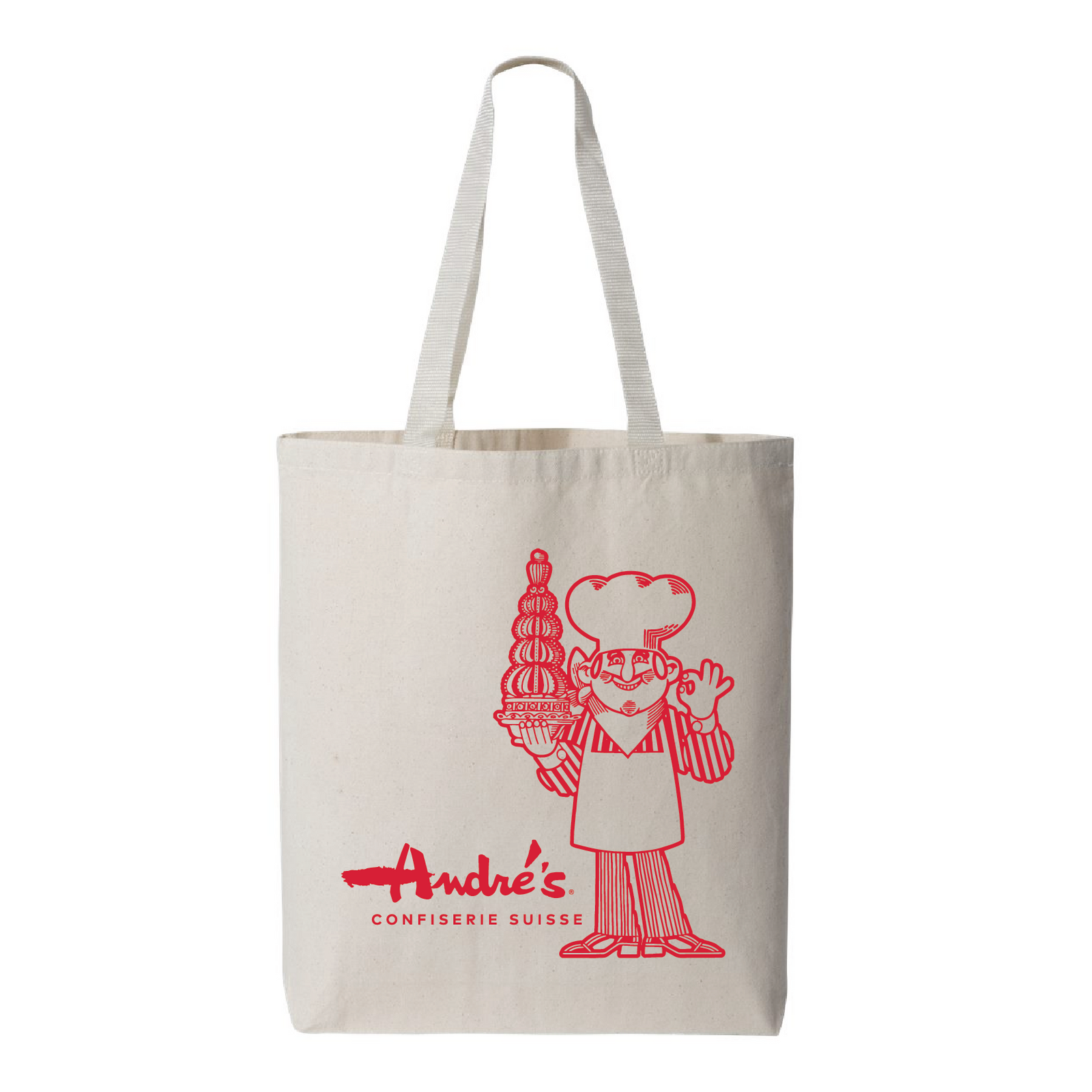 Tote bag with red logo and text on a wooden surface