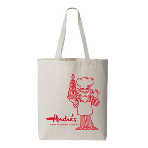 Tote bag with red logo featuring a chef character and 'Andre's' text on a white background.