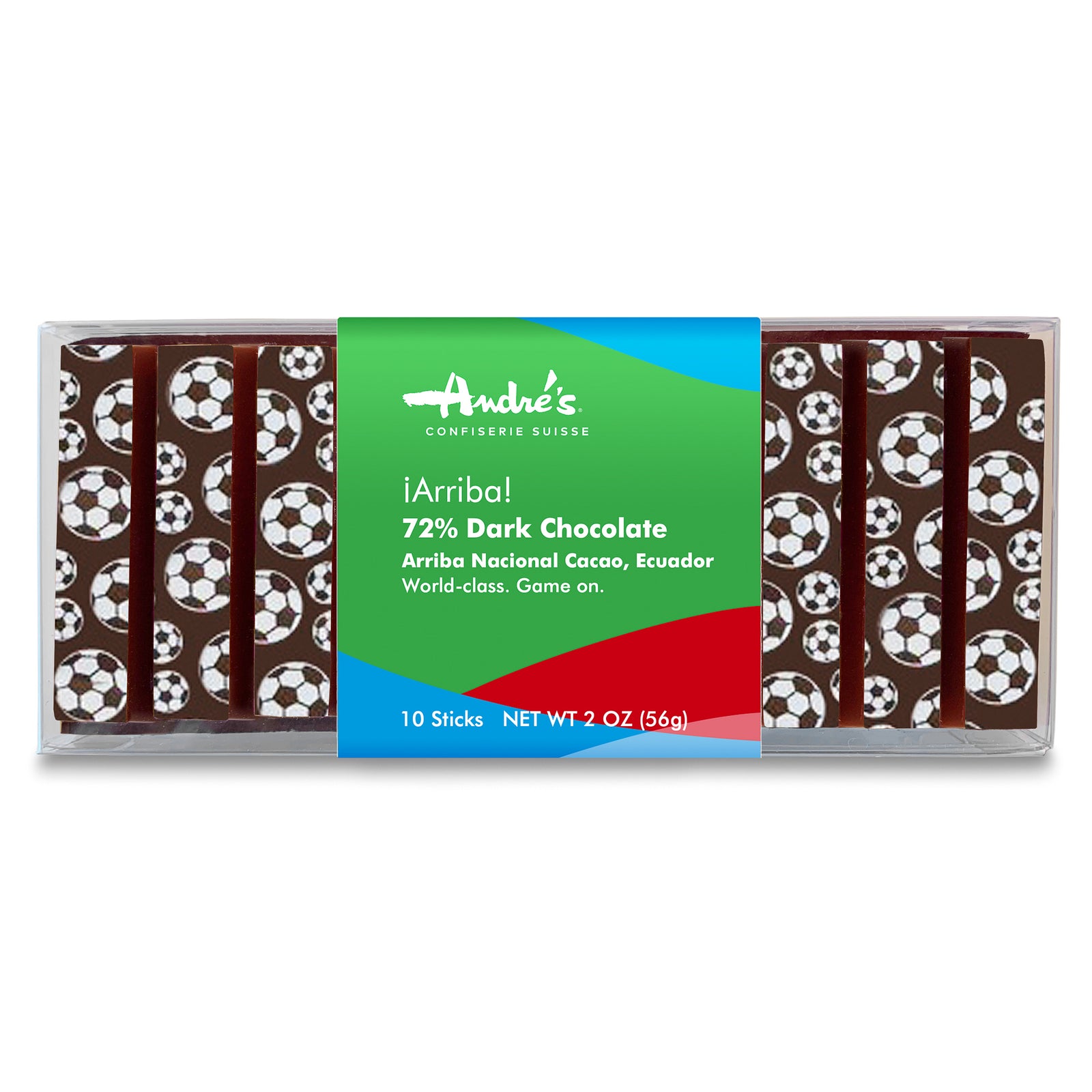 Chocolate bars with soccer ball pattern packaging featuring 'Andres' brand.