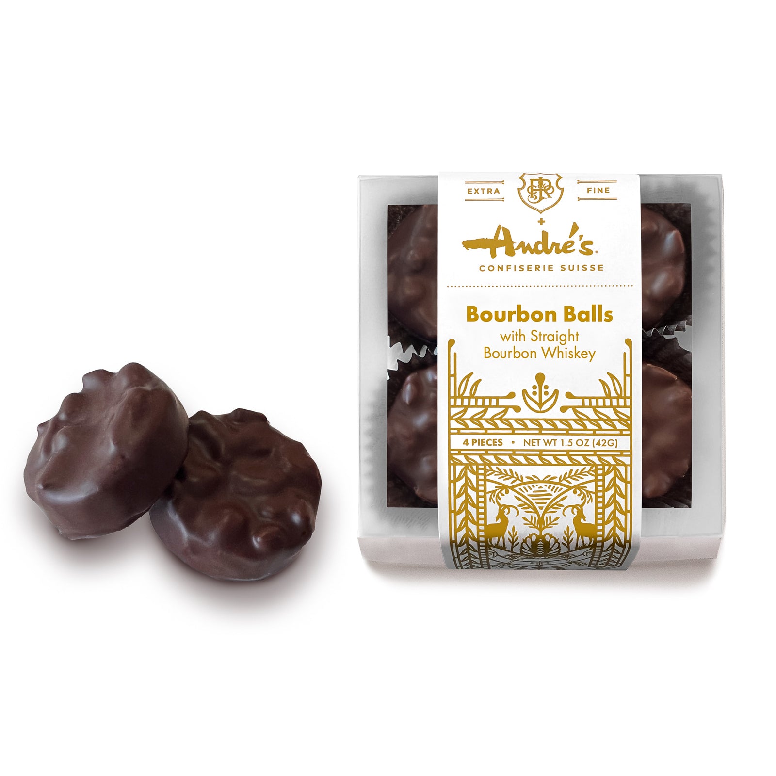 2 round dark chocolate covered Bourbon Balls beside a box of them with clear lid and white/gold product label with Swiss design