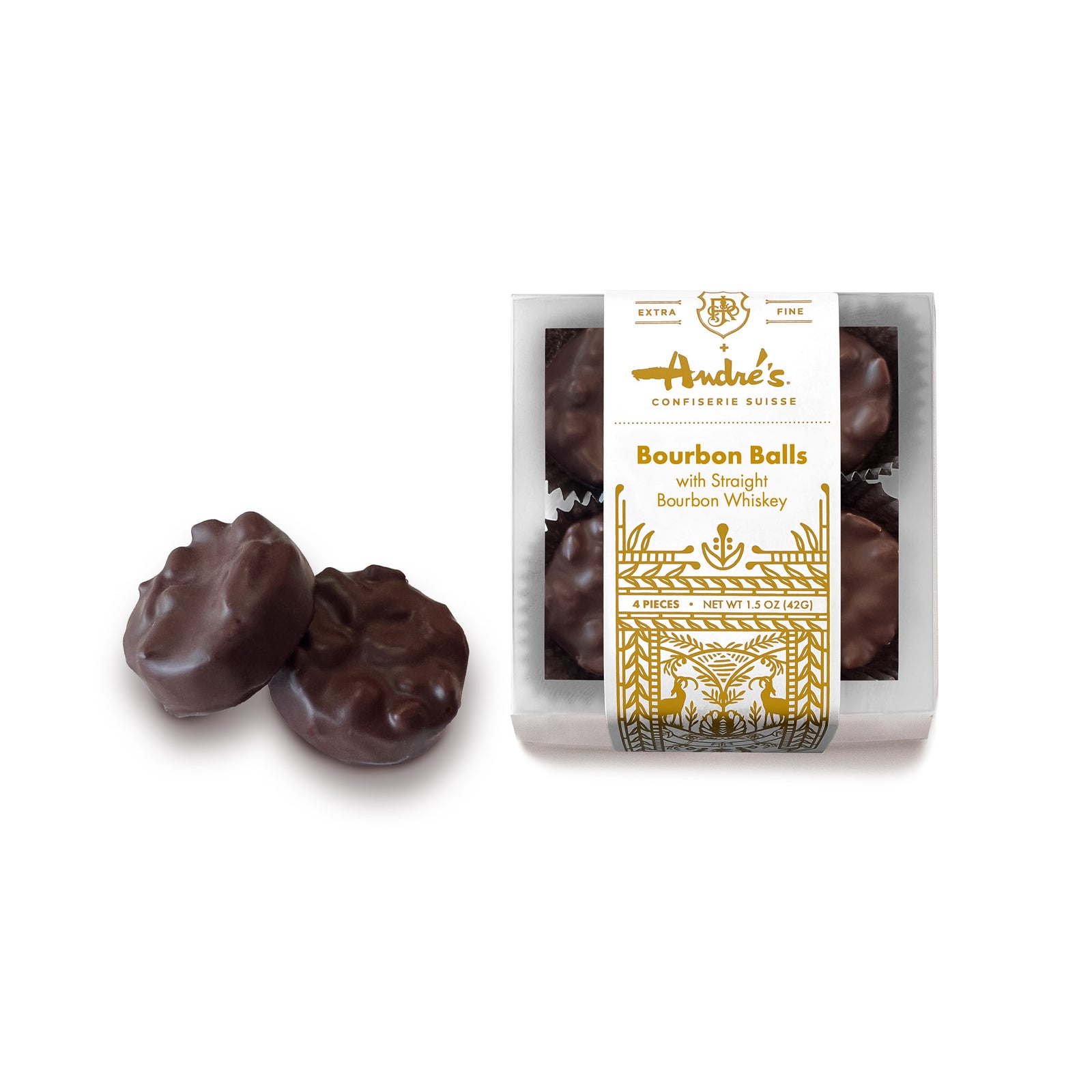 2 round dark chocolate covered Bourbon Balls beside a box of them with clear lid and white/gold product label with Swiss design