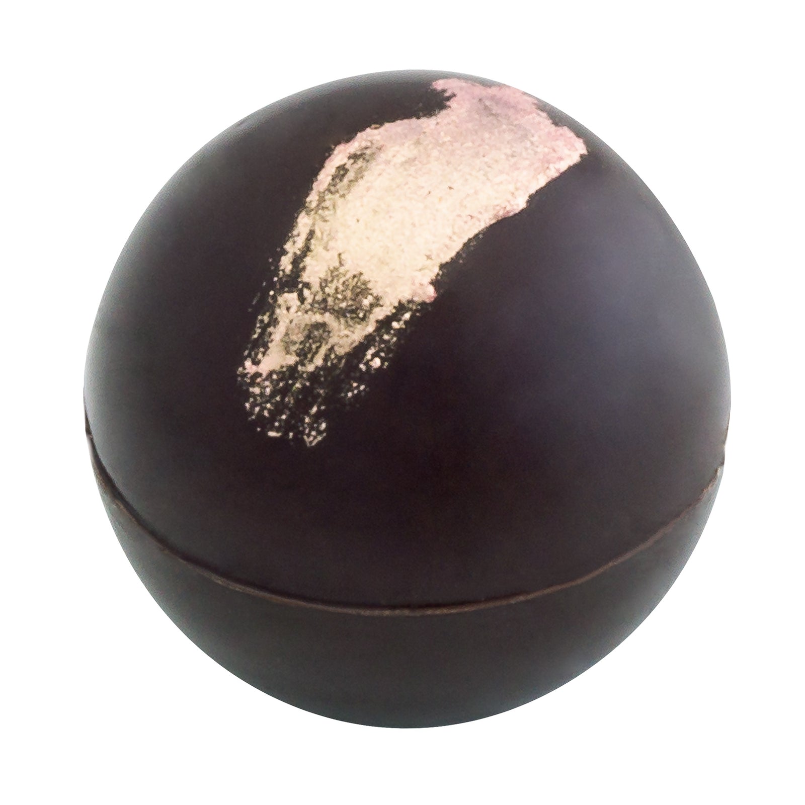 6 dark chocolate round truffles with gold brushstroke design on top in a red box, 2 loose chocolates, and the closed box with white "Andre's" logo lid and lavender Swiss print ribbon