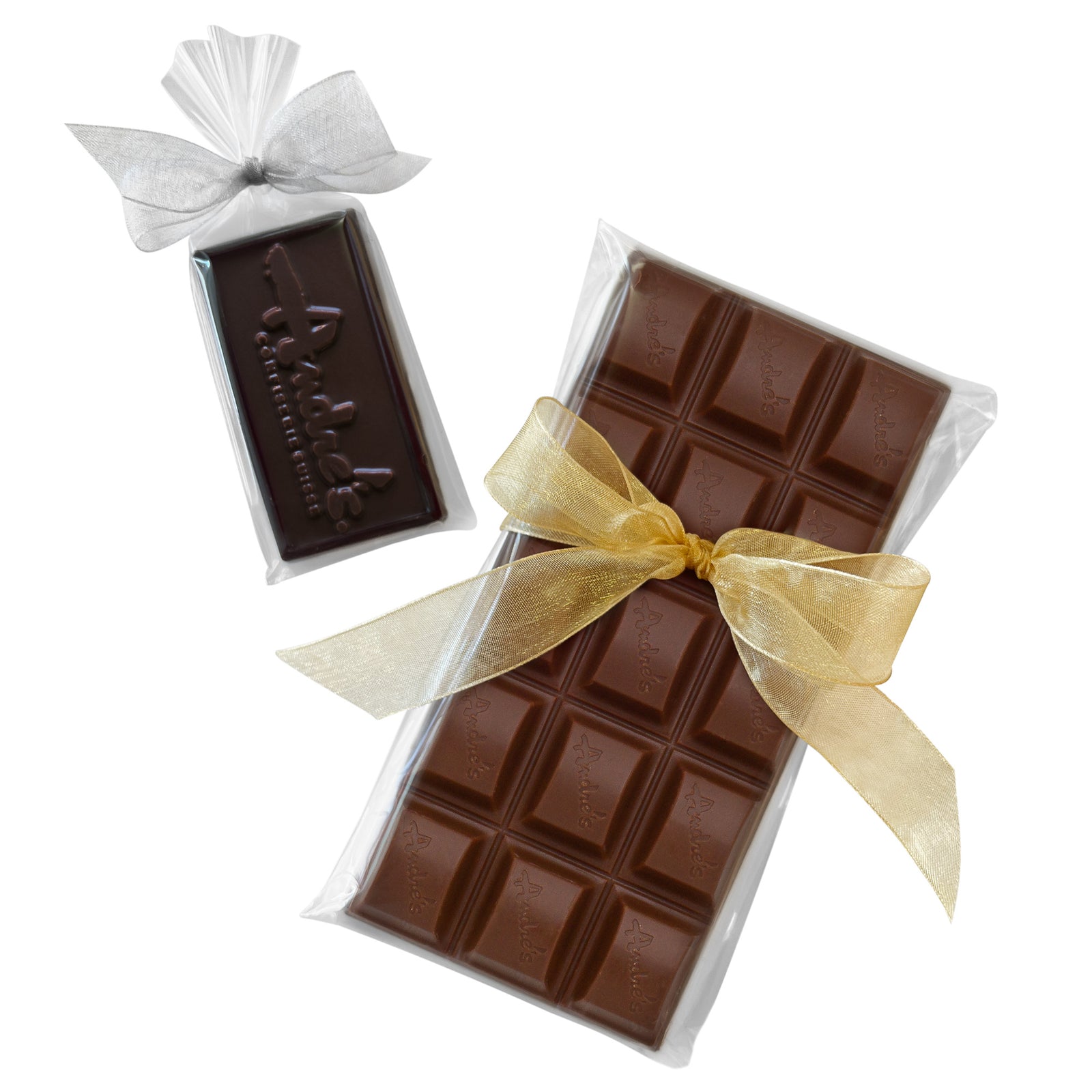 Small dark chocolate bar with Andre's logo imprinted, next to a large milk chocolate bar made of 15 breakaway squares. Both bars are in clear bags with hand-tied sheer ribbon bows.