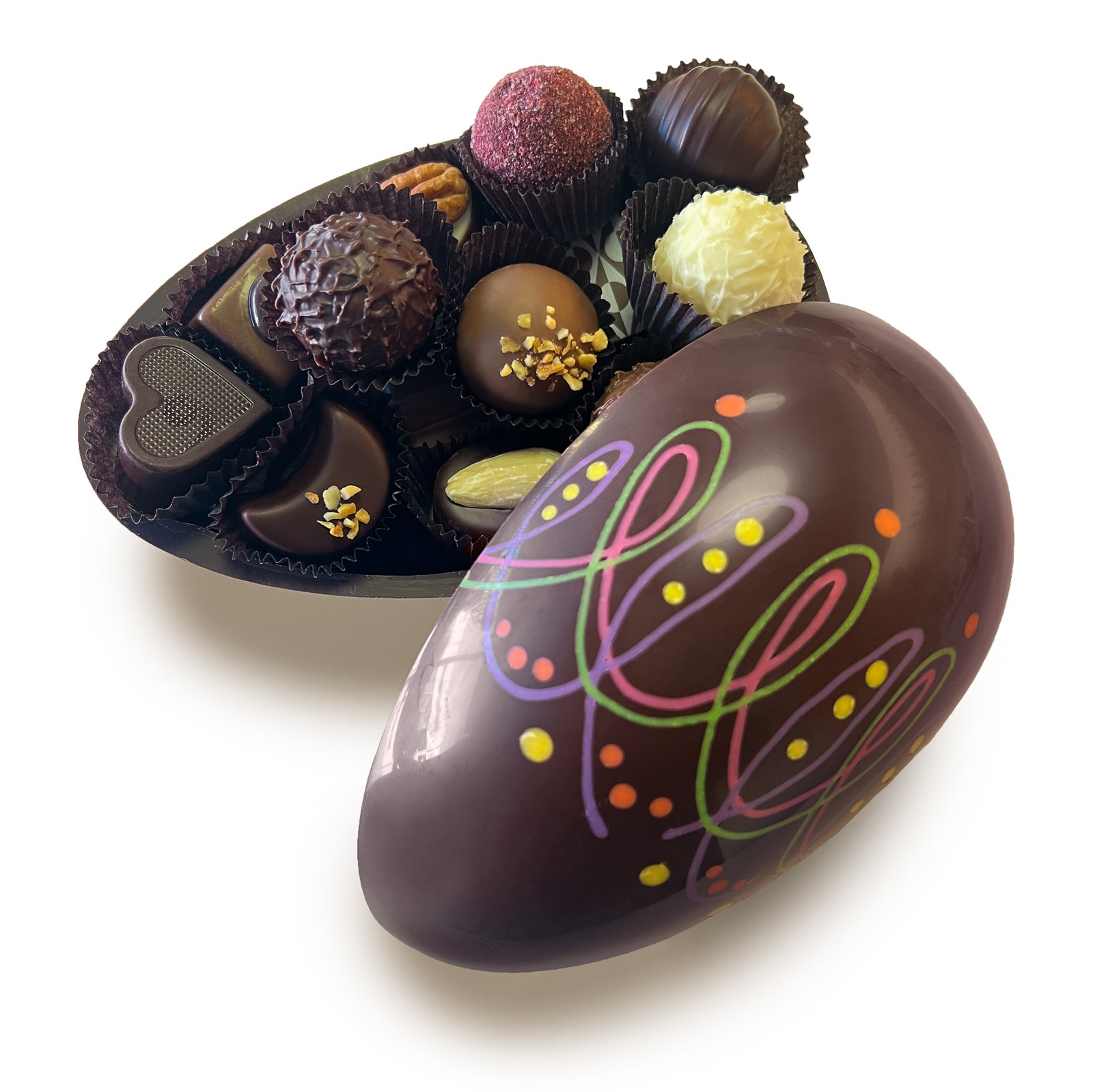 dark chocolate egg with multicolor design, open with assorted candies visible inside.