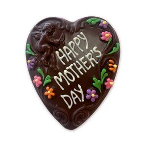 Dark chocolate heart with cupid and scoll design and "Happy Mother's Day" written in white chocolate and spring color flower detail.