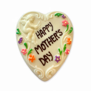 White chocolate heart with cupid and scoll design and "Happy Mother's Day" written in dark chocolate and spring color flower detail.