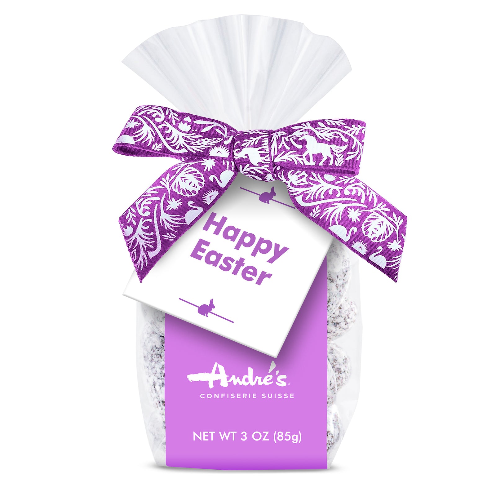 clear bag of dark chocolate covered almonds with lavender Swiss print bow, lavender product label and white hang tag that says "Happy Easter" and features tiny bunny shapes in lavender