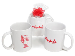 3 mugs: front view with logo, back with Andre's man, bagged with bow