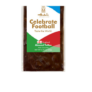 Packaged chocolate bar with almond toffee with a colorful label on a white background