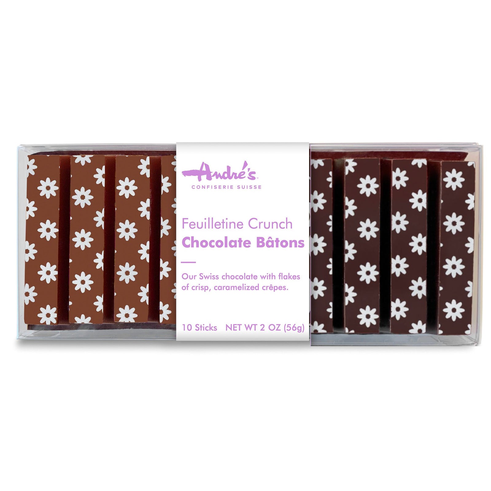 Pack of Andre's Feuilletine Crunch Chocolate Báton with floral design on a white background