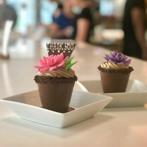 2 small white plates, each with chocolate and buttercream flowerpot. Pink marzipan flowers and "Thank you" on a chocolate banner topping one, purple marzipan flower topping another.