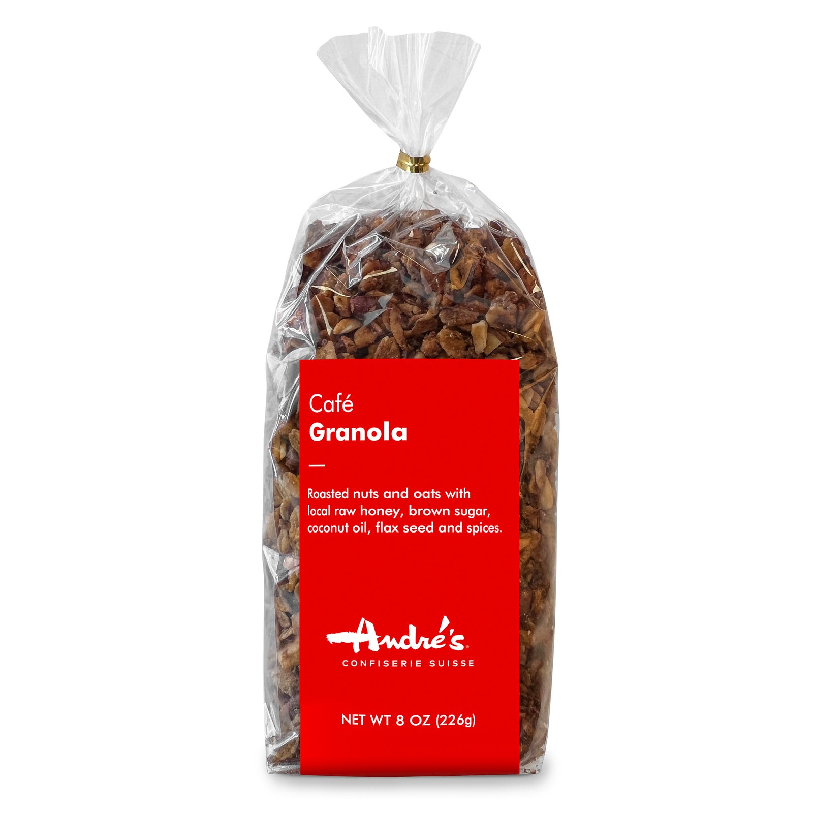 Clear bag filled with golden brown toasted granola with red product label