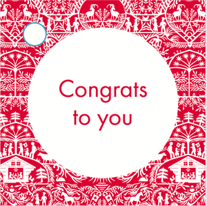 Red and white congratulatory card with intricate patterns and 'Congrats to you' text
