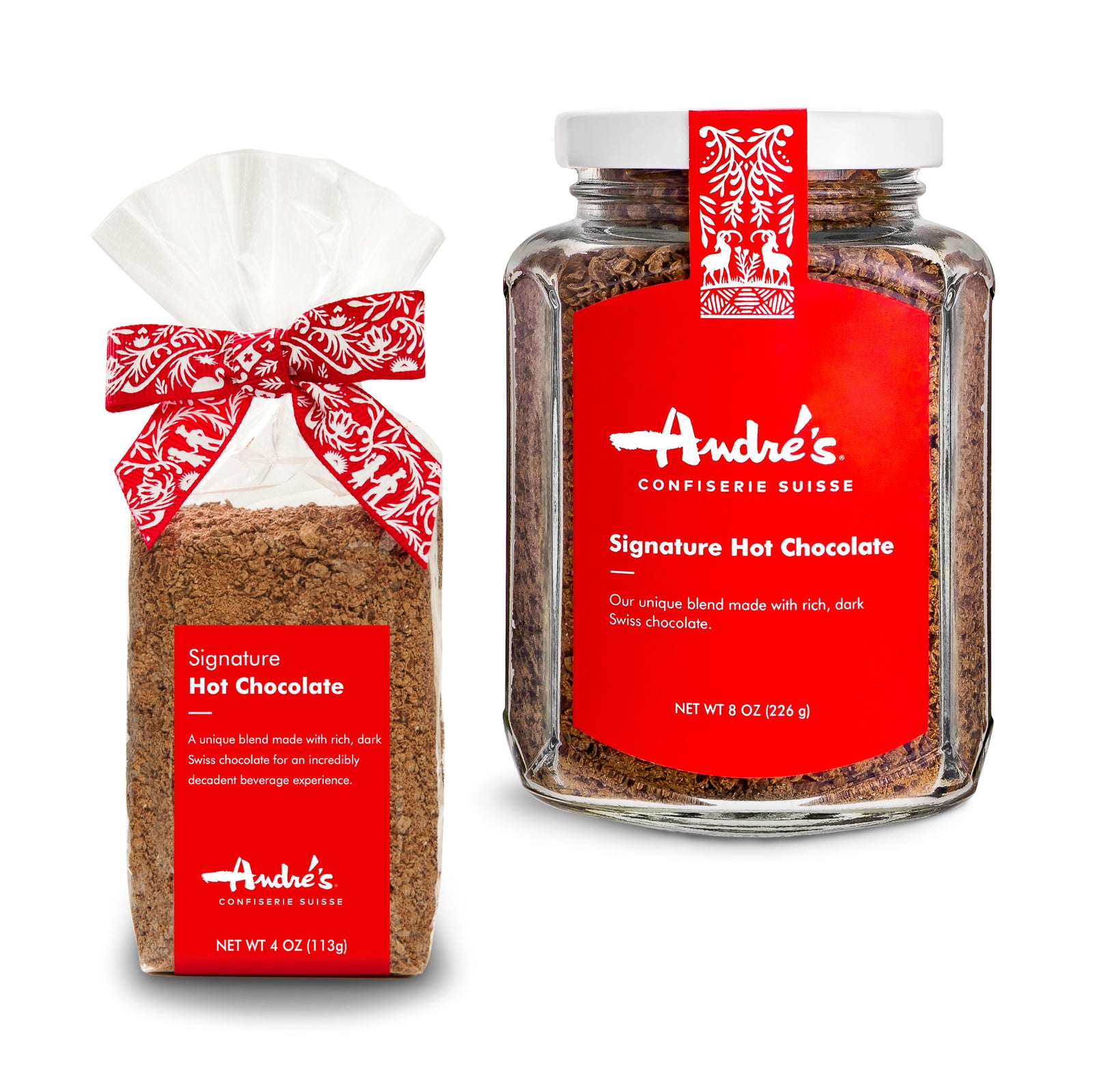 clear bag filled with hot chocolate tied with a Swiss print bow, next to a jar of hot chocolate, both with red and white product labels