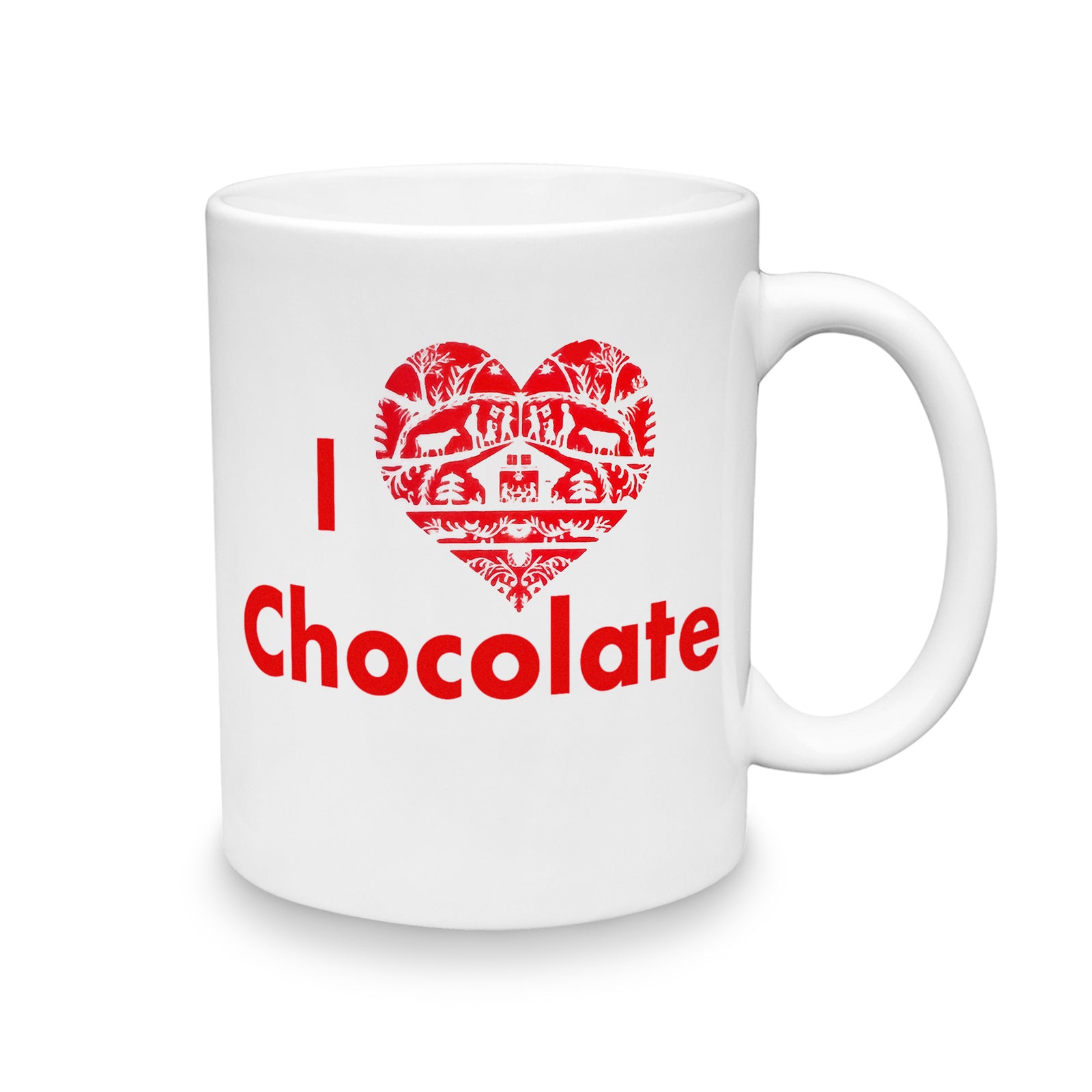 white coffee mug with "I (heart) Chocolate" in red with a quaint Swiss pattern in the heart.