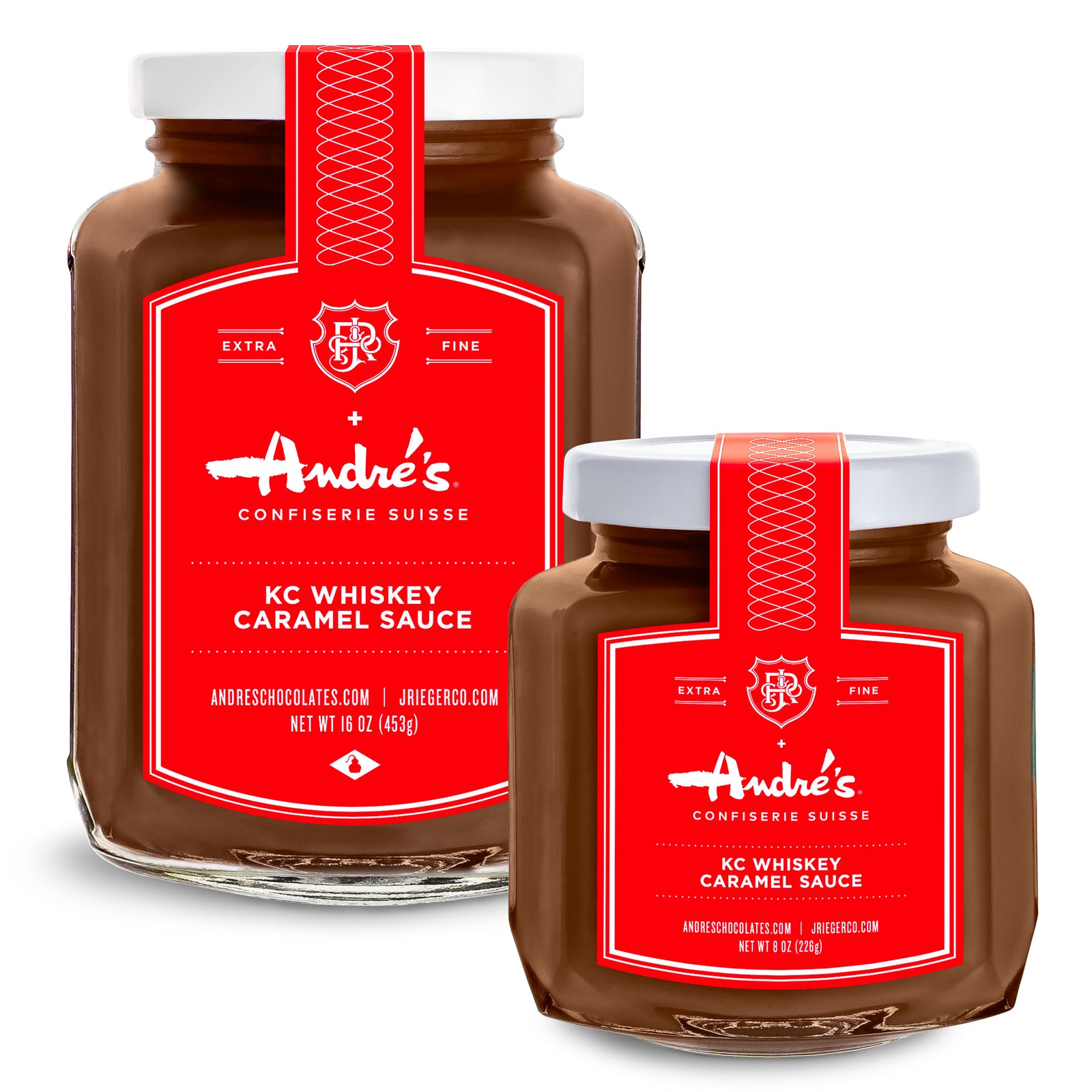 2 clear jars filled with KC Whiskey Caramel Sauce with white lids and red Andre's product labels.