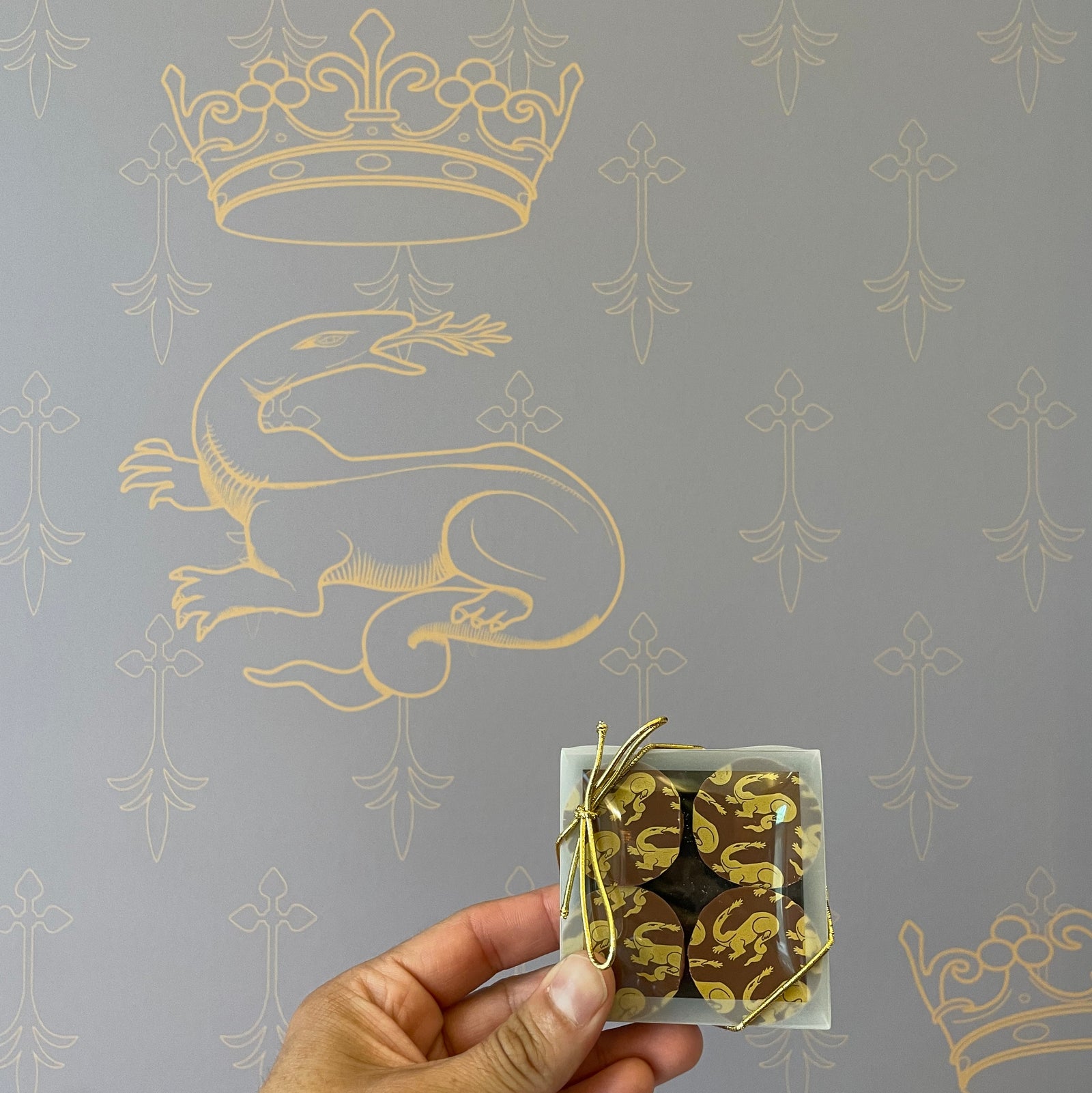 Box of the Kansas City Museum chocolates that have the Salamander wallpaper design held up in front of the wallpaper.