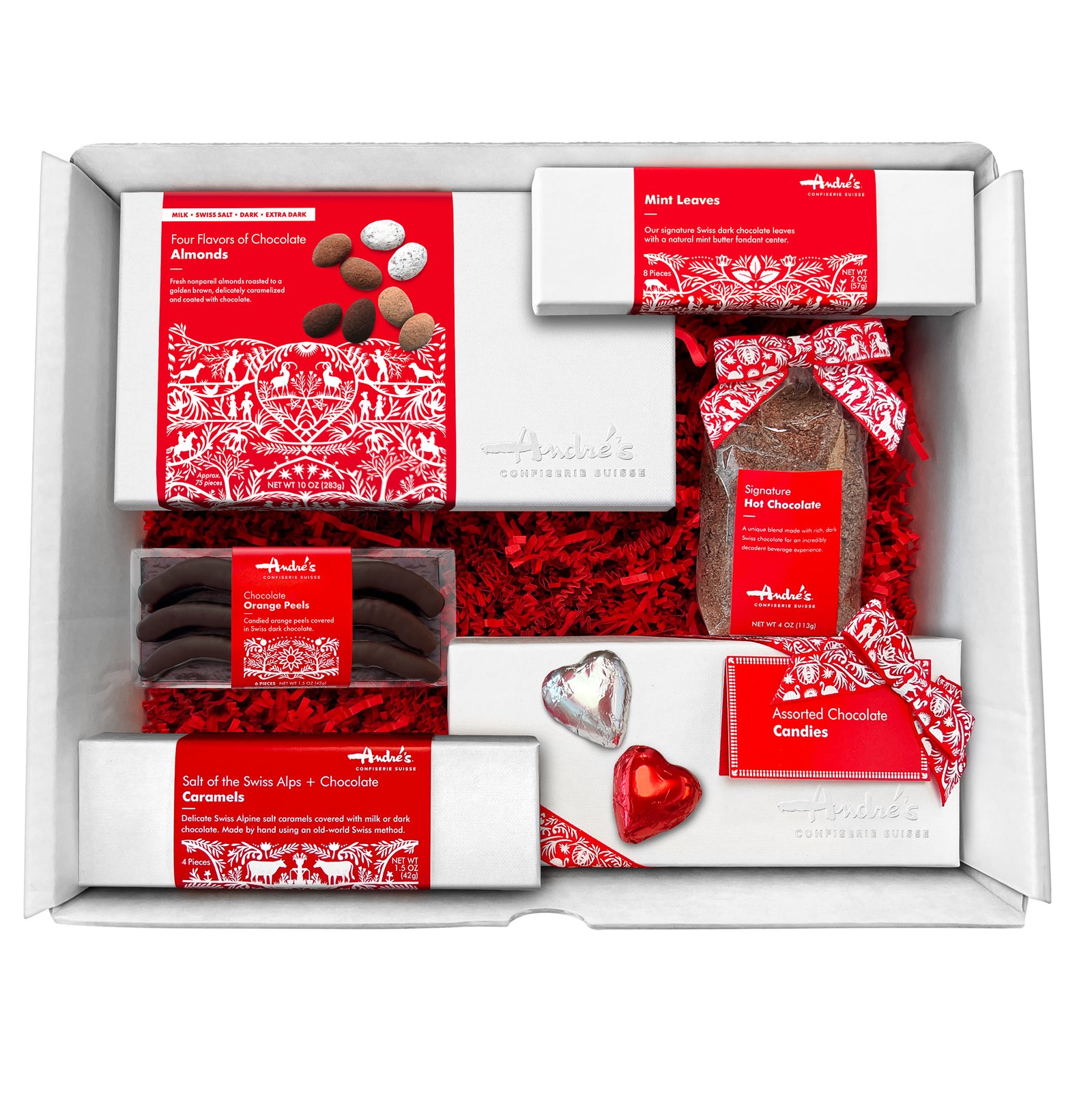 Overhead view of the items in the large gift box arranged on a table. All of them have signature Swiss red and white packaging.