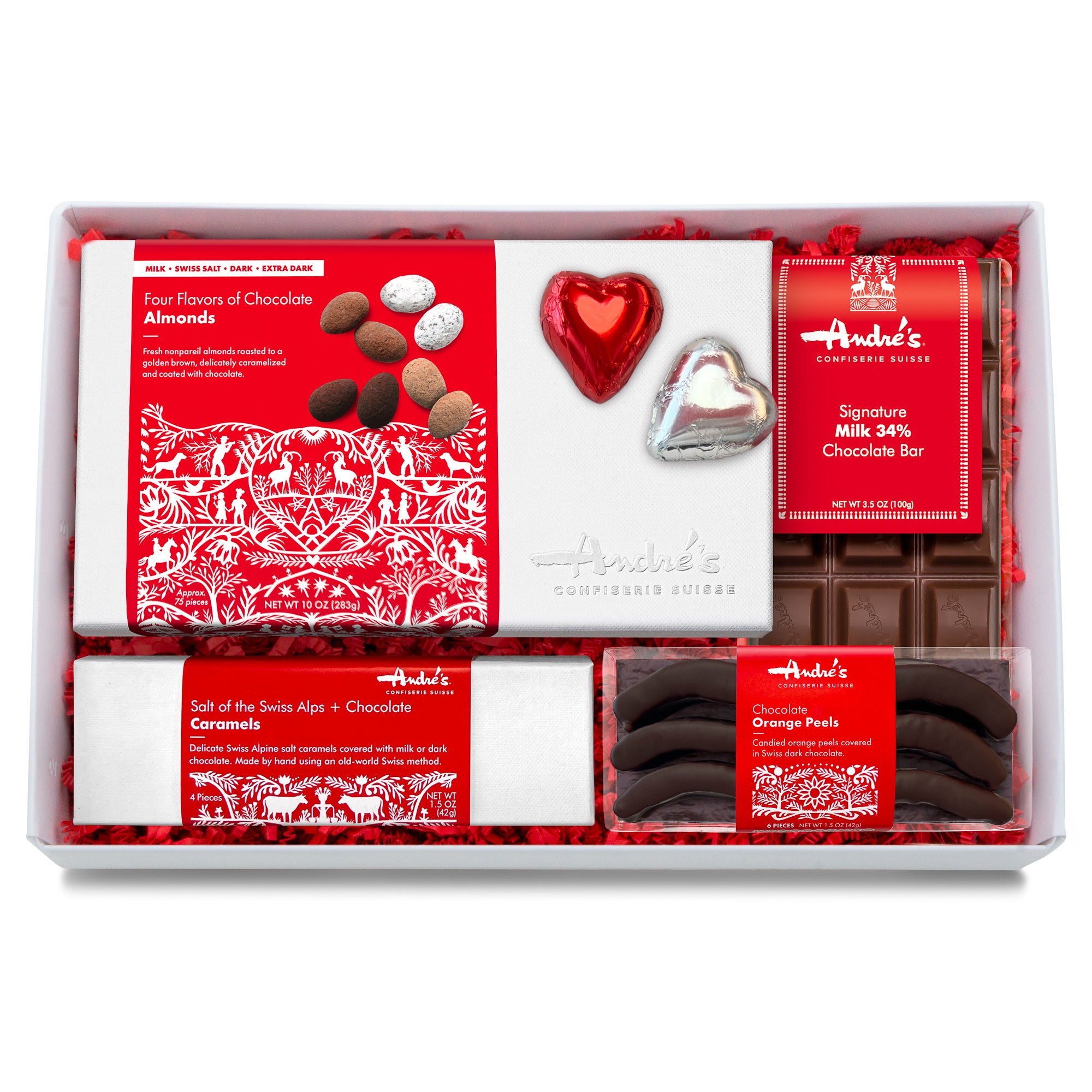 A white box with red springfill containing the items featured in the medium gift box. All of them have signature Swiss red and white packaging.