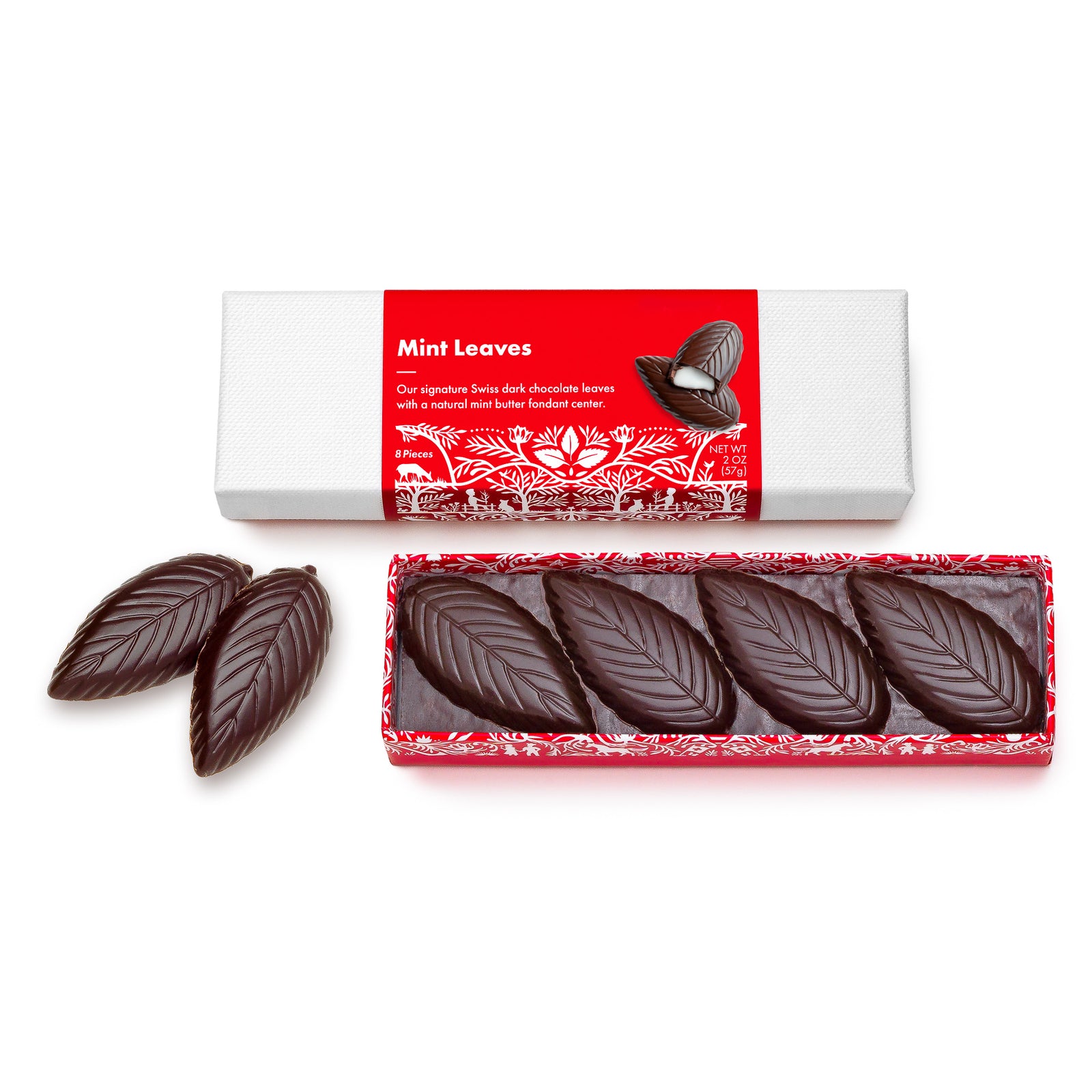 open red box base with 4 dark chocolate mint leaf shaped candies, 2 loose candies beside, and white lid box above with red and white Swiss print product label