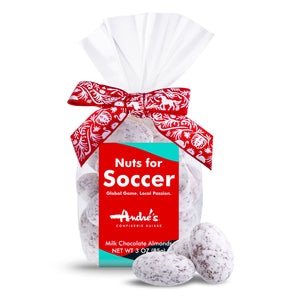Bag of chocolate almonds with a red label on a white background