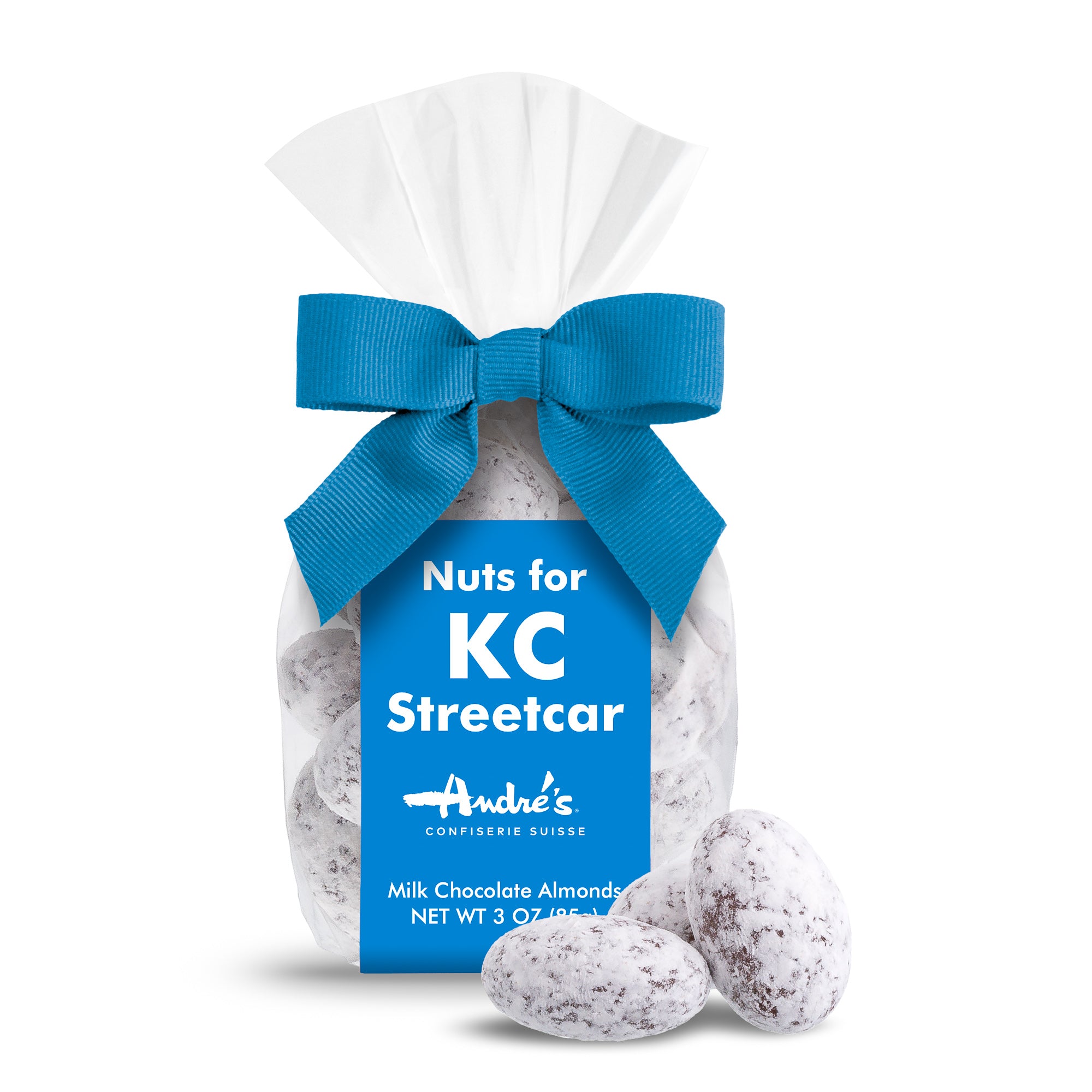 powdered sugar covered almonds in clear bag with blue sticker and bow