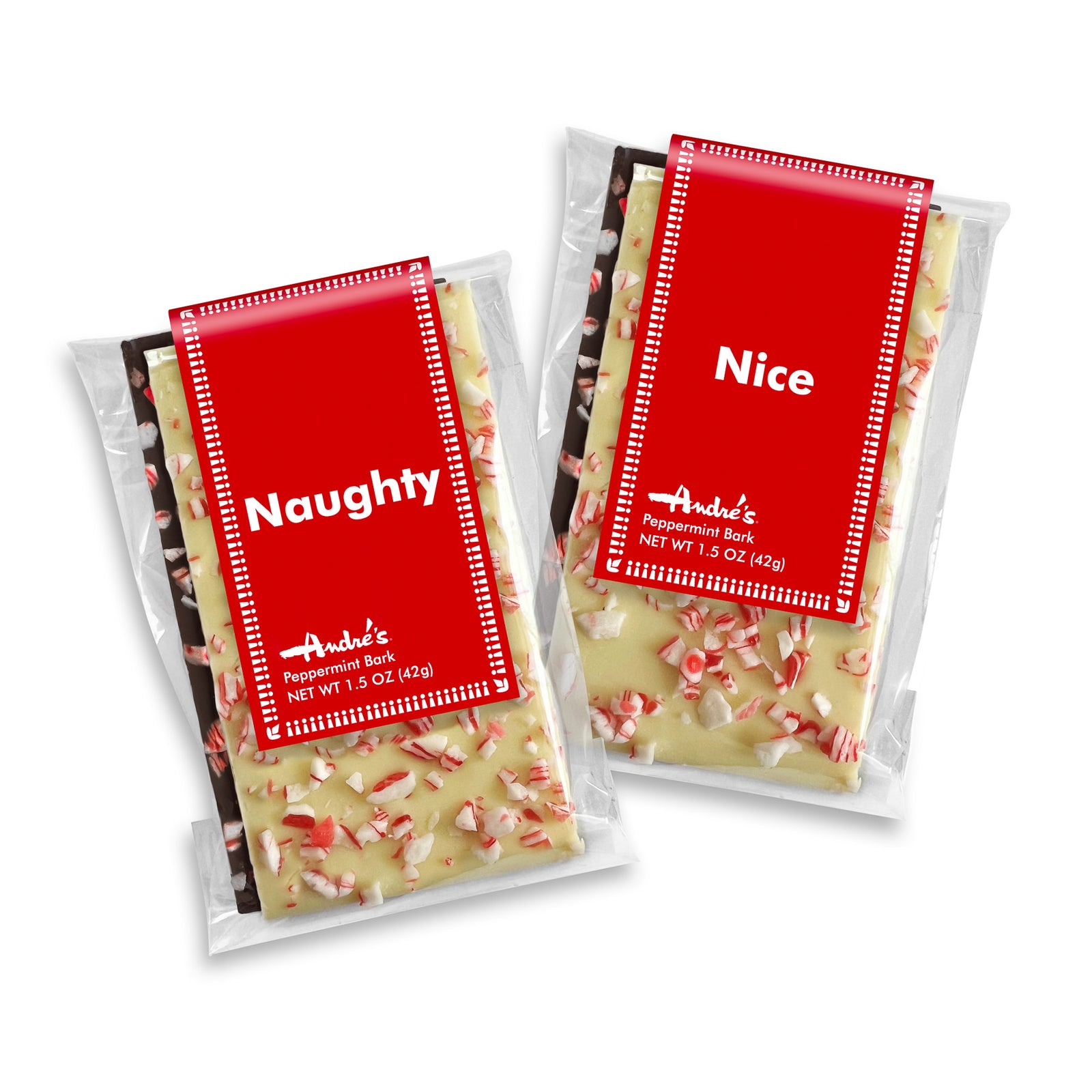 2 clear bags with a white chocolate and a dark chocolate bark pieces in each, both covered in peppermint candy pieces with a red and white labels reading either "Naughty" or "Nice"