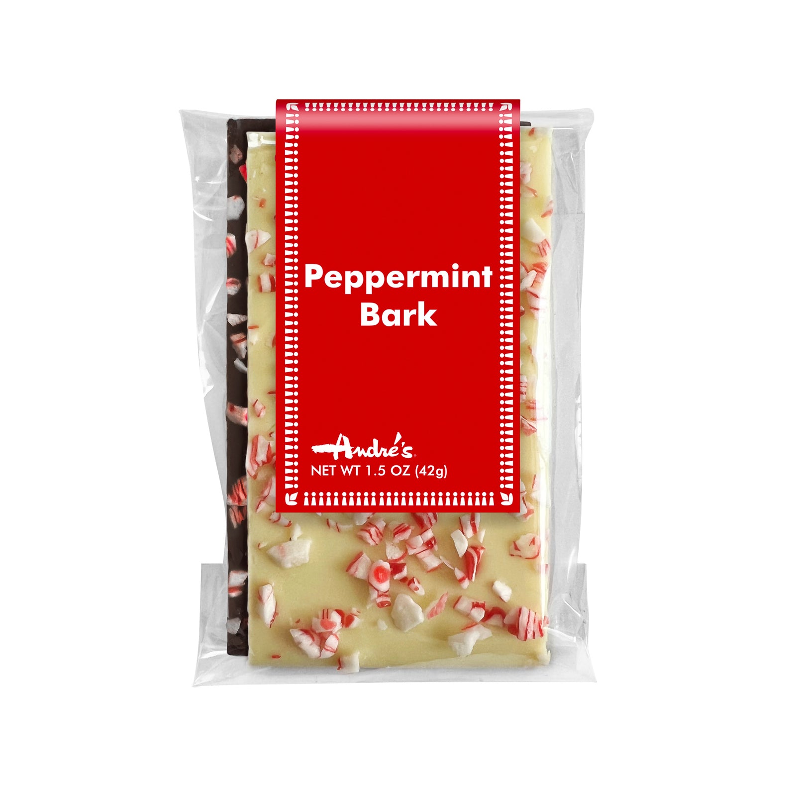 2 clear bags with a white chocolate and a dark chocolate bark pieces in each, both covered in peppermint candy pieces with a red and white labels reading either "Naughty" or "Nice"