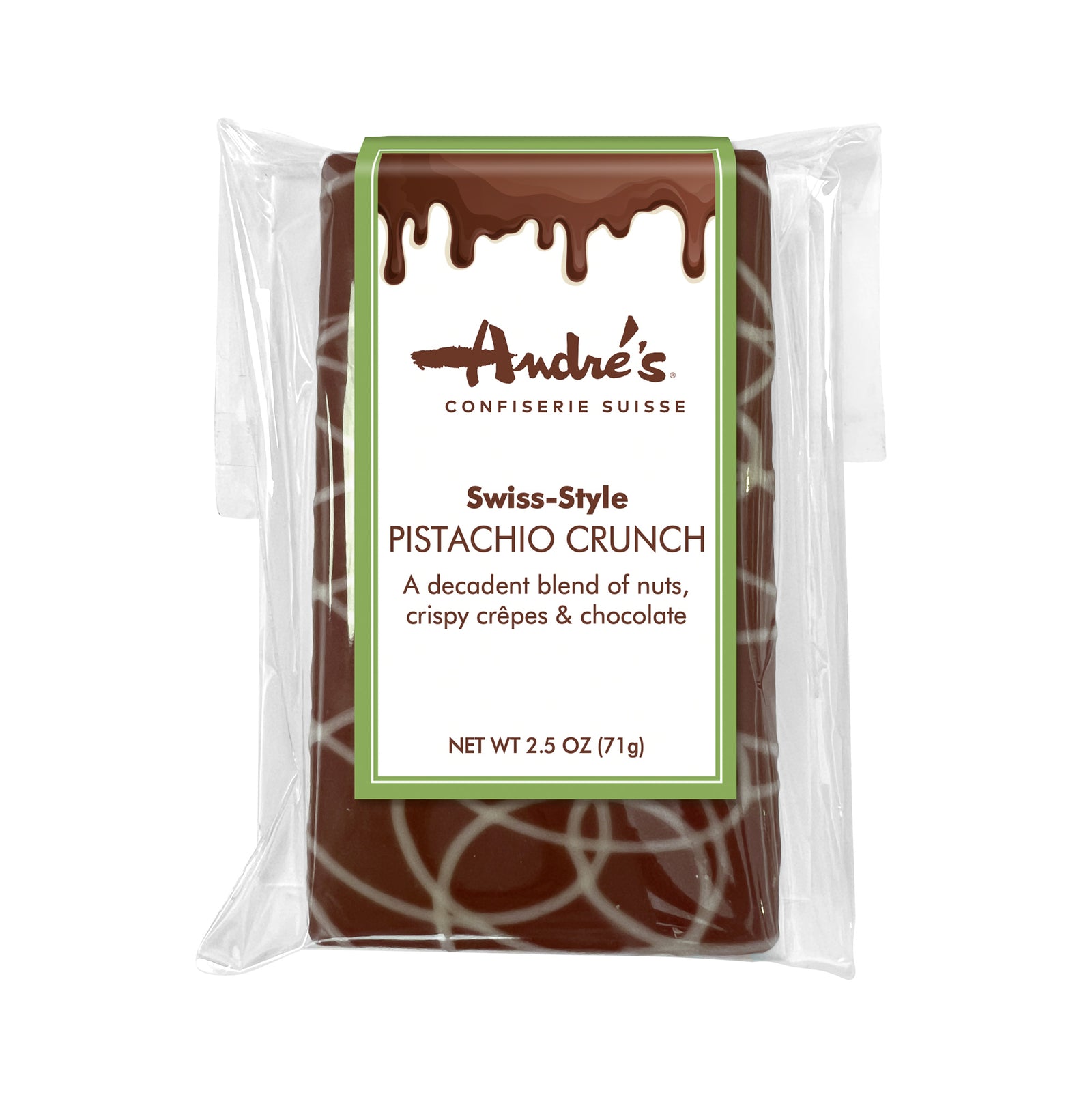 Chocolate bar with white chocolate swirls in a clear bag with product label.