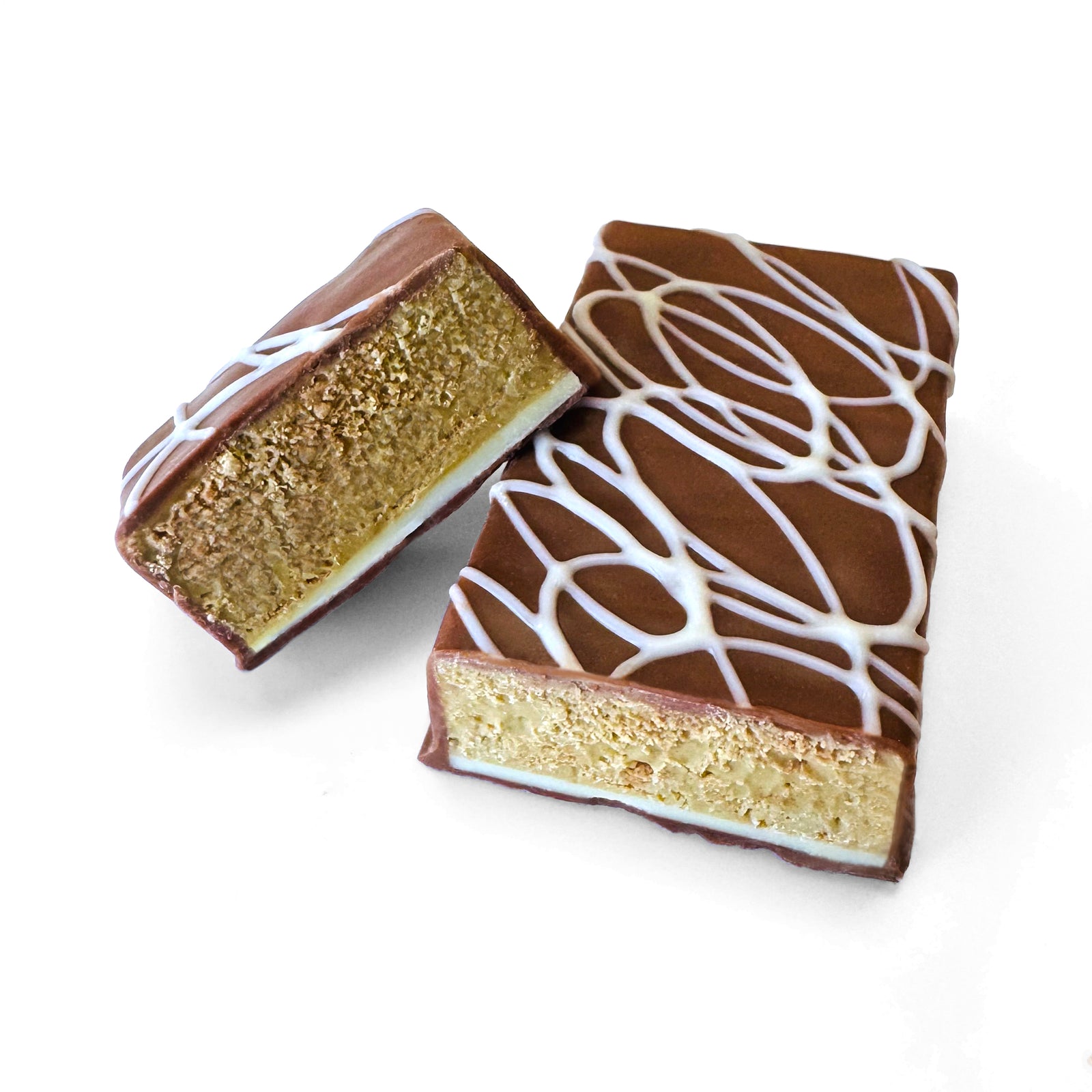 Chocolate bar with white chocolate swirls in a clear bag with product label.