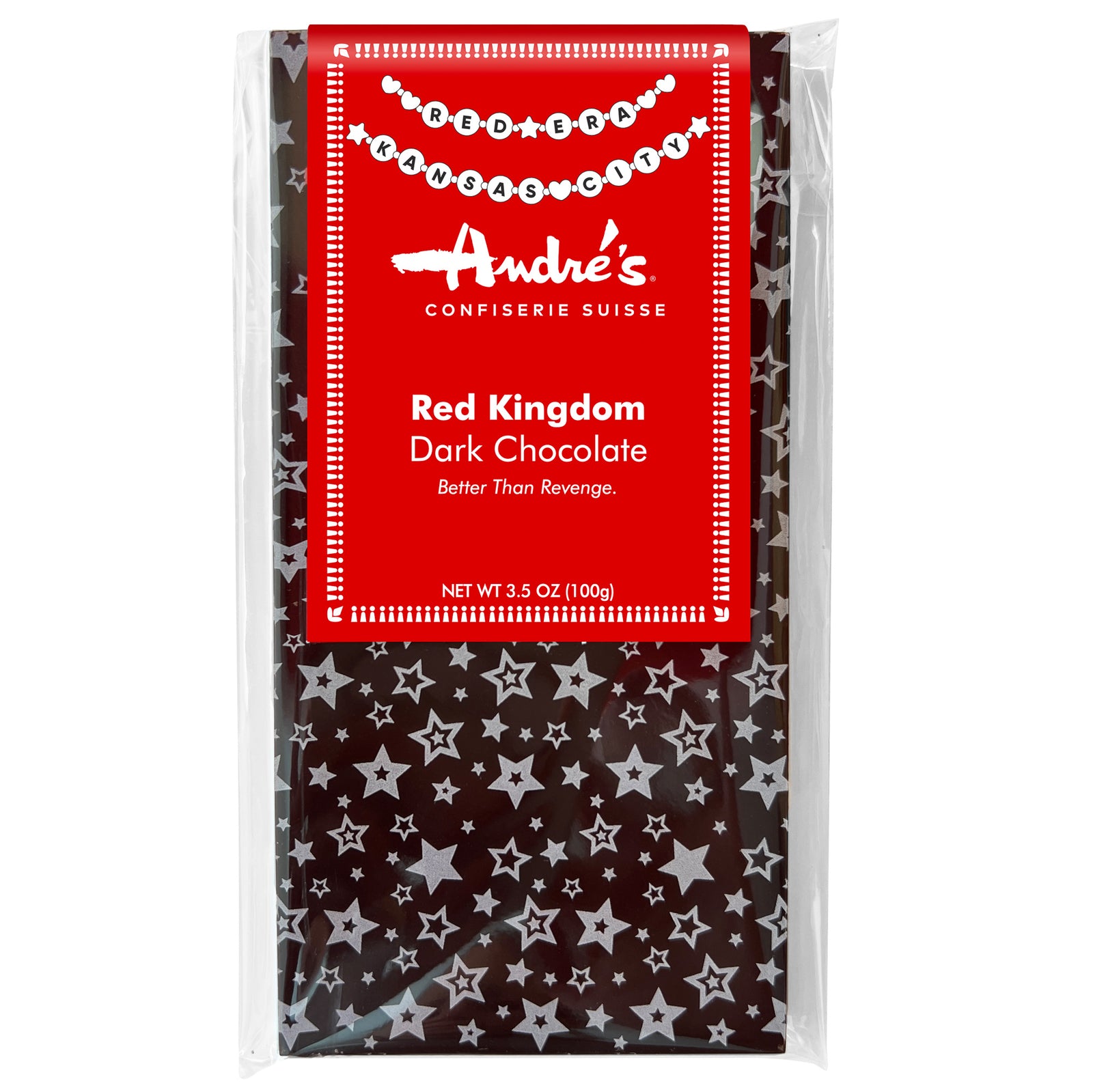 Star print chocolate bar with red Red Kingdom Dark Chocolate label featuring bracelets that say Red Era Kansas City and tagline "Better Than Revenge"