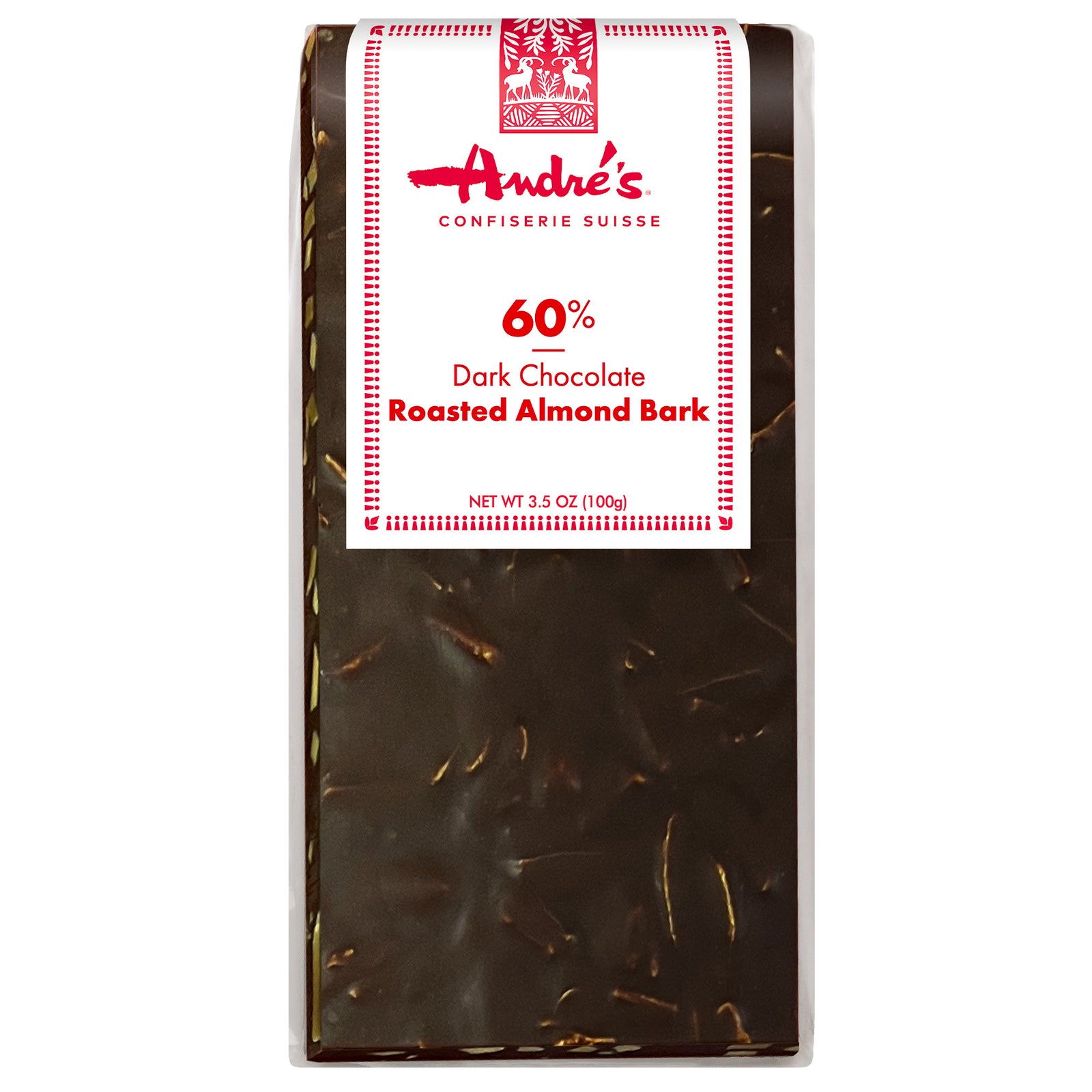 solid dark chocolate bark bar with chunks of slivered roasted almonds visible, with red and white product label