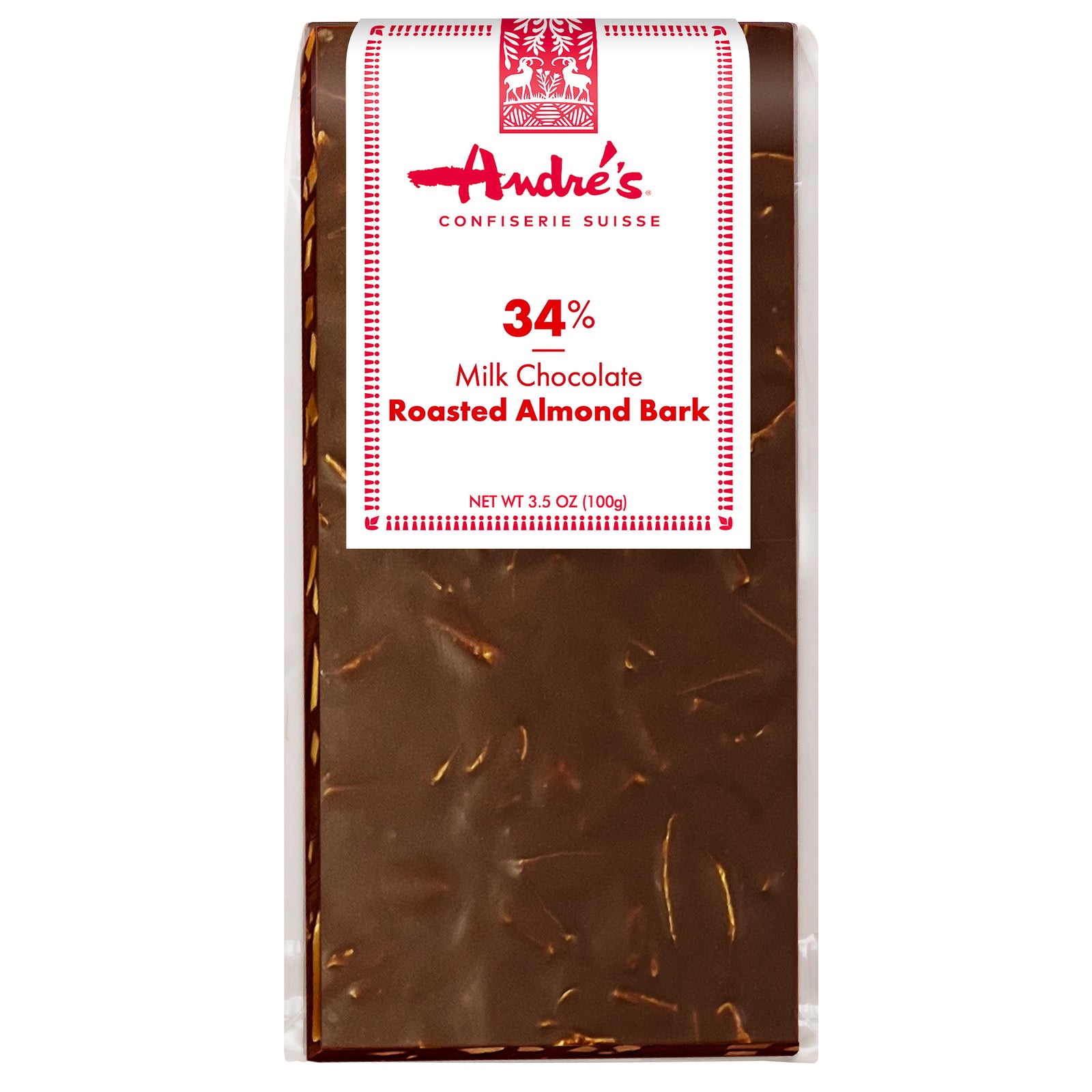 solid milk chocolate bark bar with chunks of slivered roasted almonds visible, with red and white product label