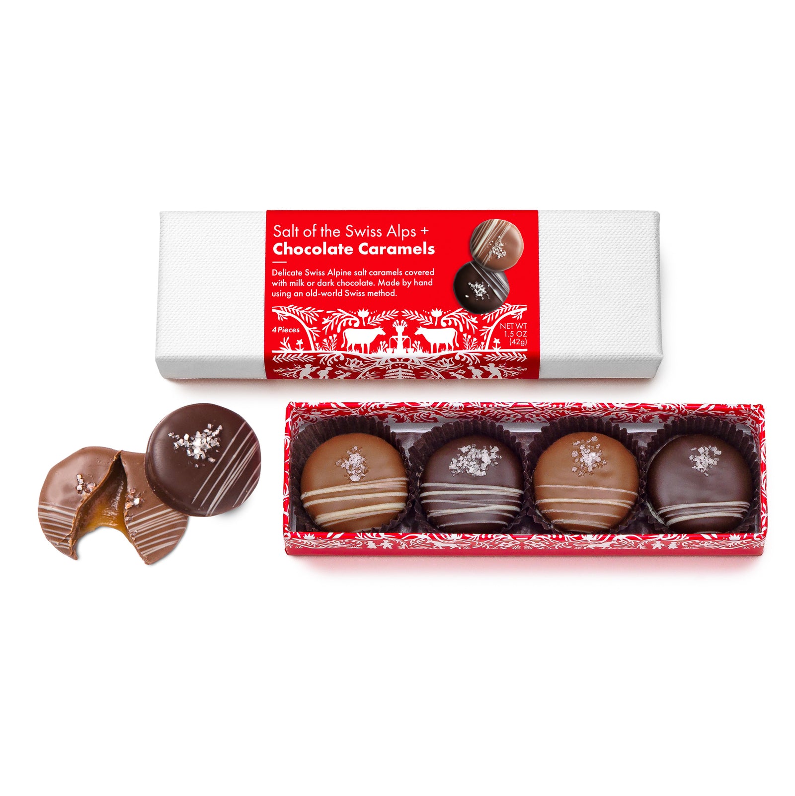 open red box base with 4 caramels visible, alternating milk and dark covered, each with small white chocolate stripe accent and cluster of salt crystals. 2 loose candies beside and 2 closed white lid boxes (one 4 pc, one 20 pc) above with red and white Swiss print packaging.