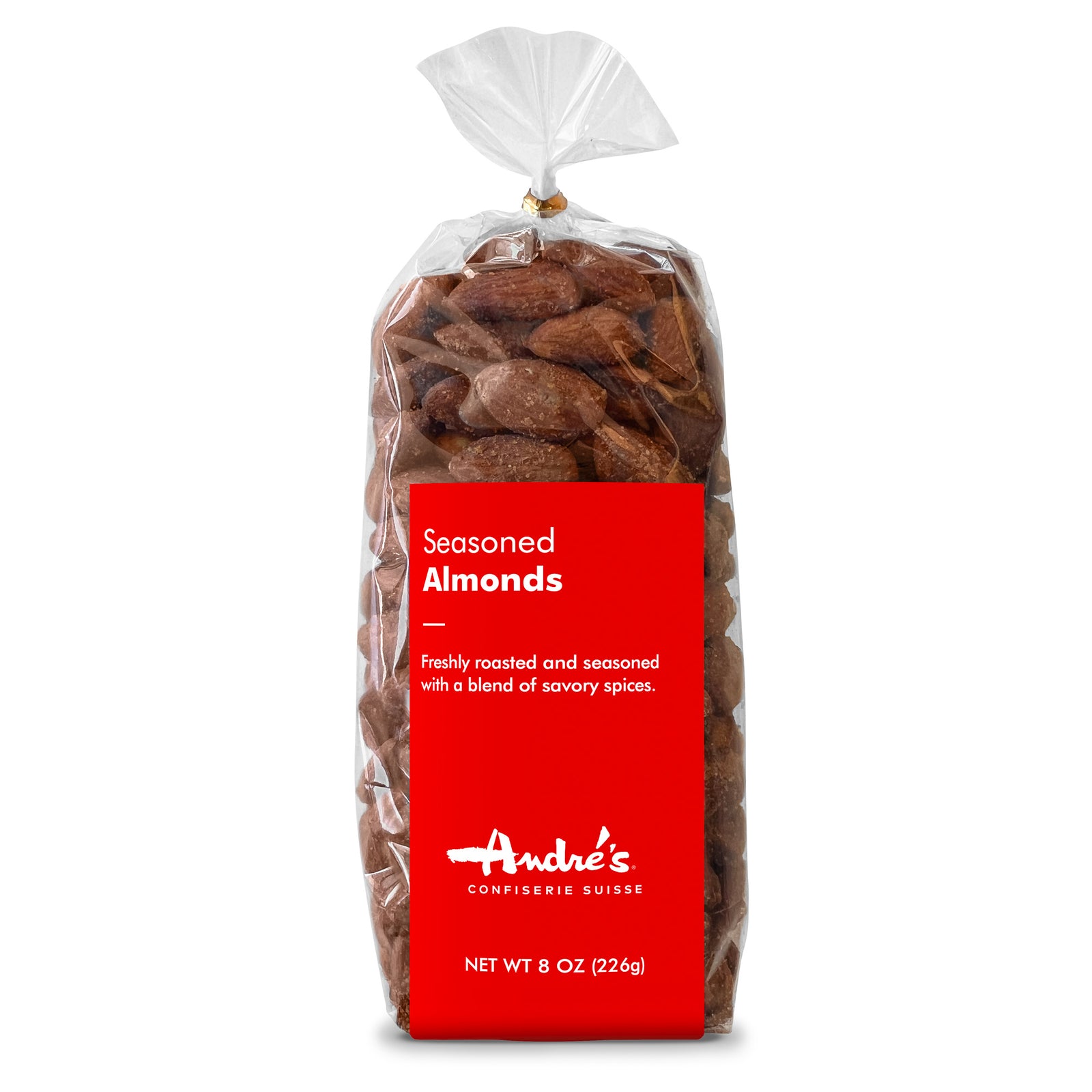 Clear bag filled with golden brown toasted almonds with red product label