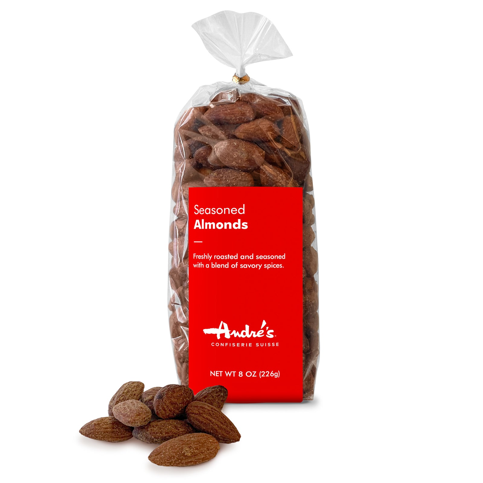 Clear bag filled with golden brown toasted almonds with red product label