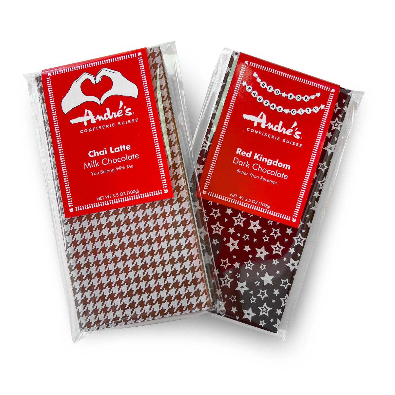 Star print chocolate bar with red Red Kingdom Dark Chocolate label featuring bracelets that say Red Era Kansas City and tagline "Better Than Revenge"