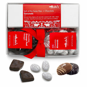 Assorted chocolates in a gift box with red ribbons and visible brand name 'Andre's'.