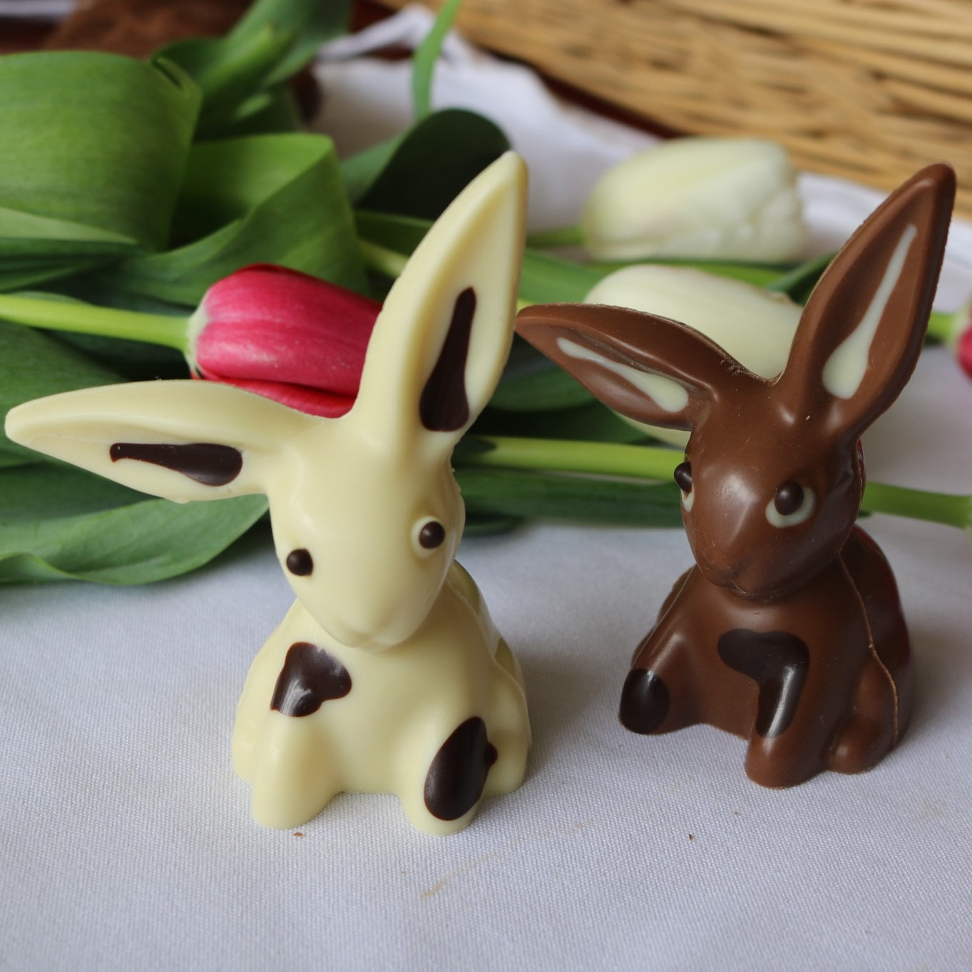 Two chocolate bunnies with flowers in the background.