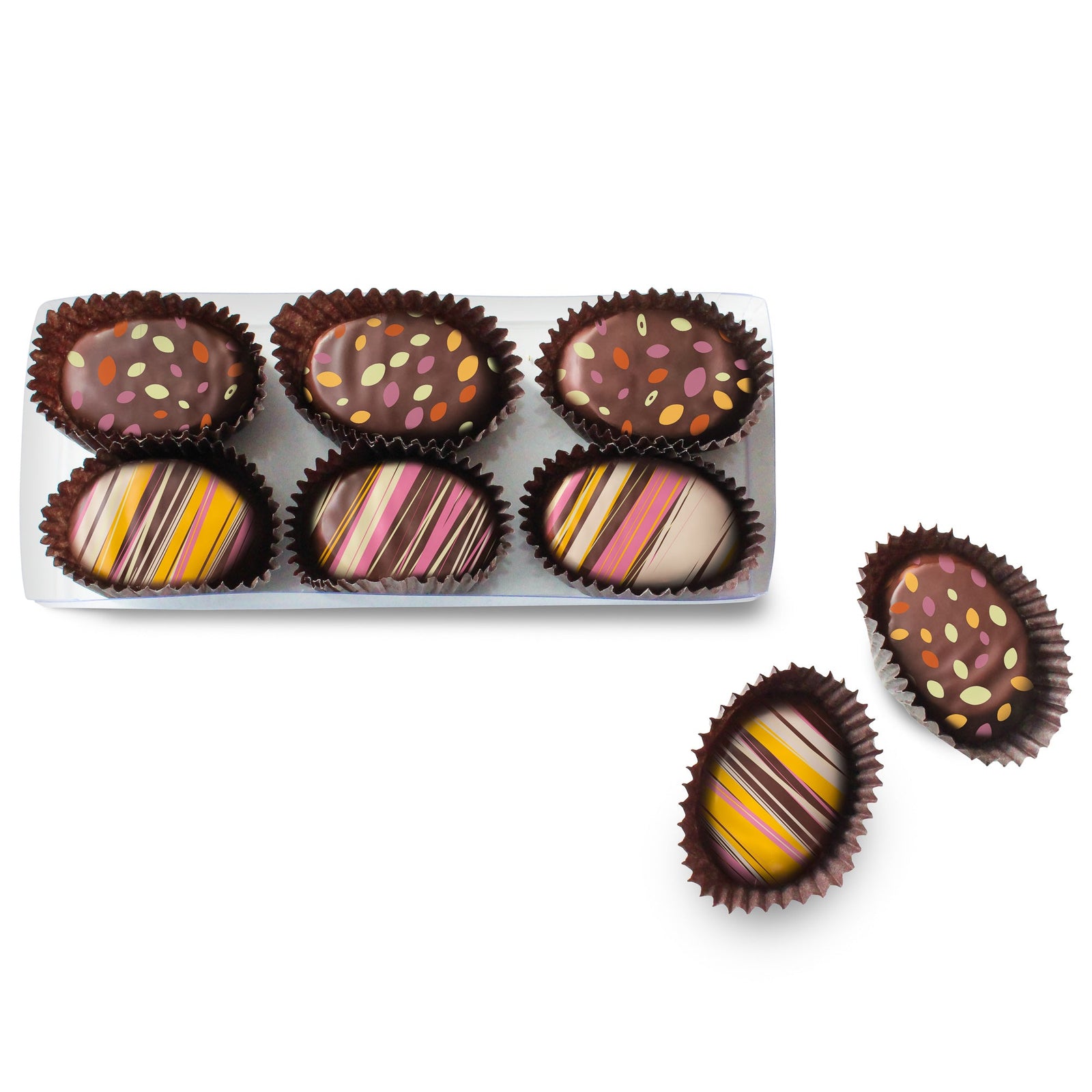 Bright spring designs on oval caramels, both beside and in a clear box.