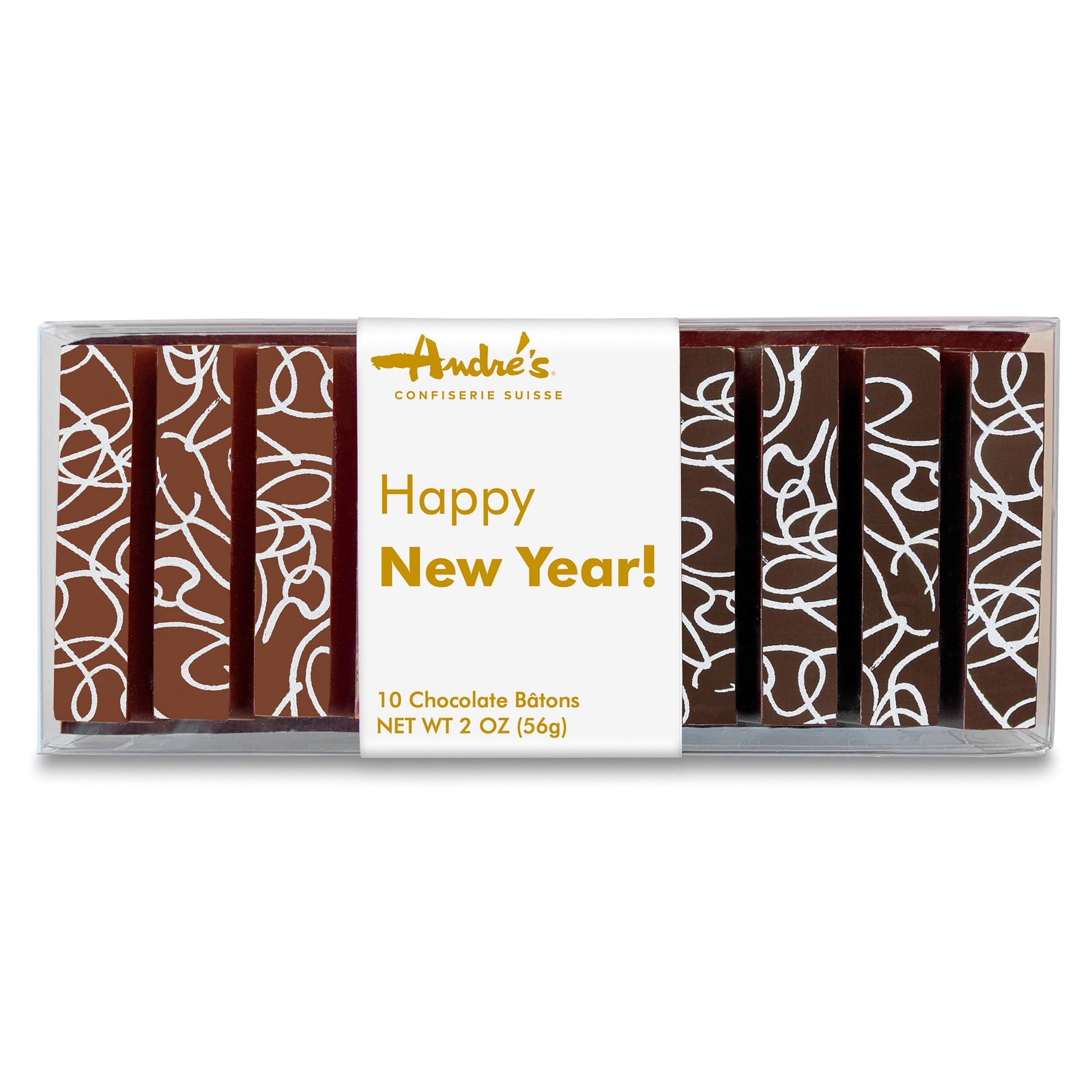 Clear box containing chocolate sticks (half milk, half dark) that have little white squiggly designs printed on them, wrapped with a white product label.