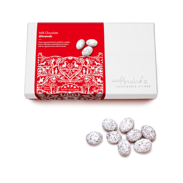 White logo box with red Swiss print product label next to a cluster of powdered sugar covered chocolate almonds.