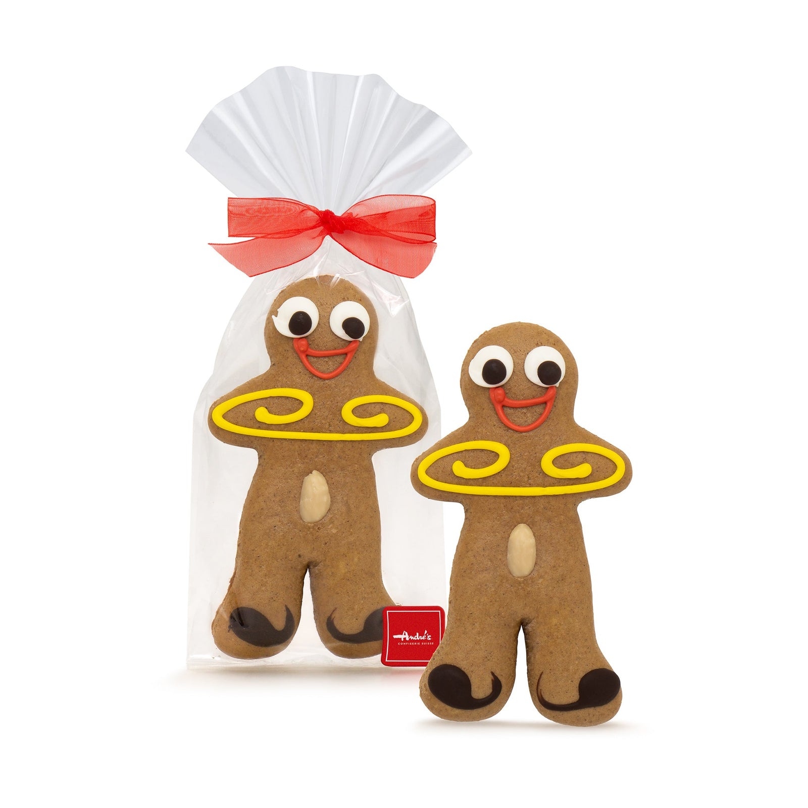 2 golden gingerbread man cookies, each with an almond in the belly and icing to create eyes, smile, arms and feet. One is is a clear bag with red bow and logo sticker.