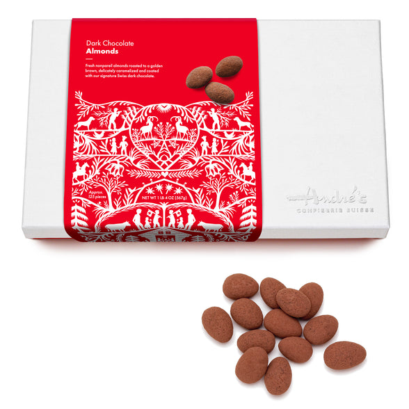 White logo box with red Swiss print product label next to a cluster of  cocoa powder covered chocolate almonds.